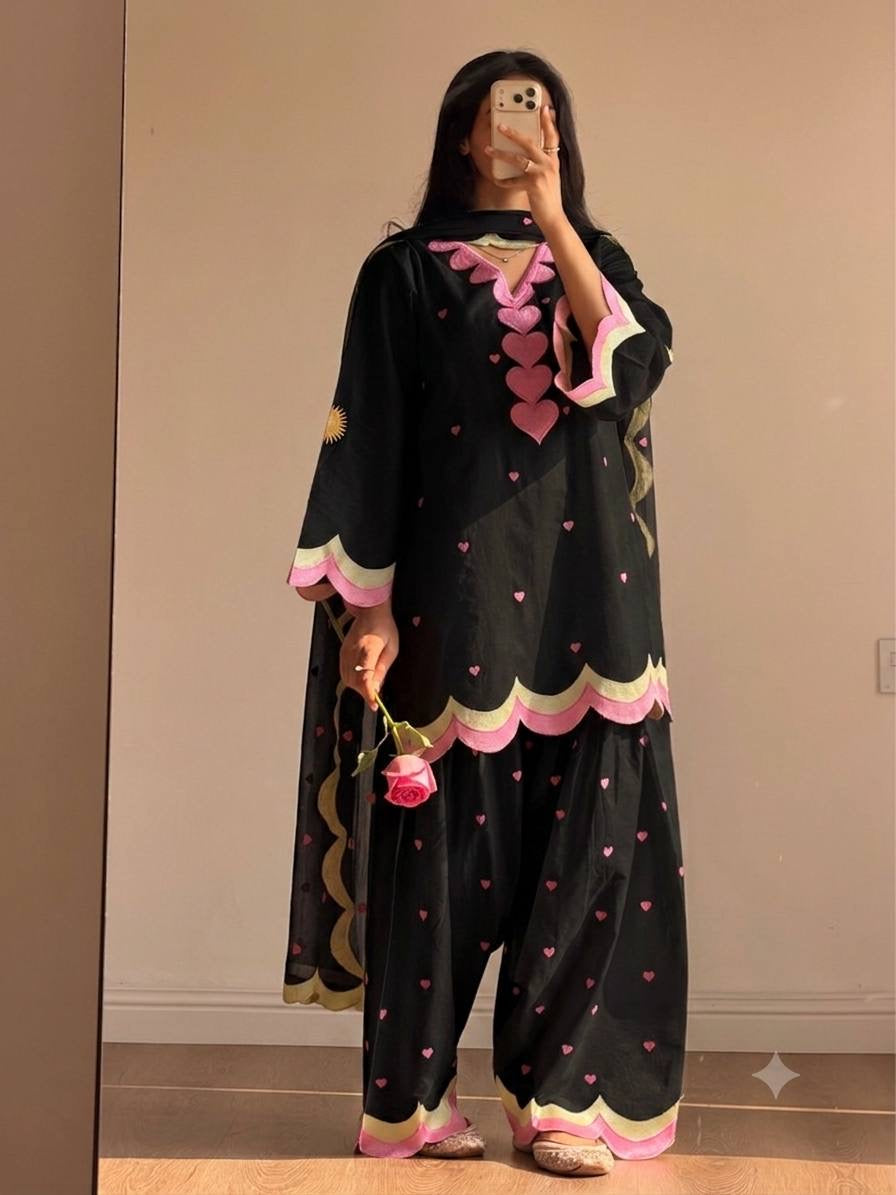 Ivory Pink Heart Embroidery thread Work Farshi Salwar Suit Set