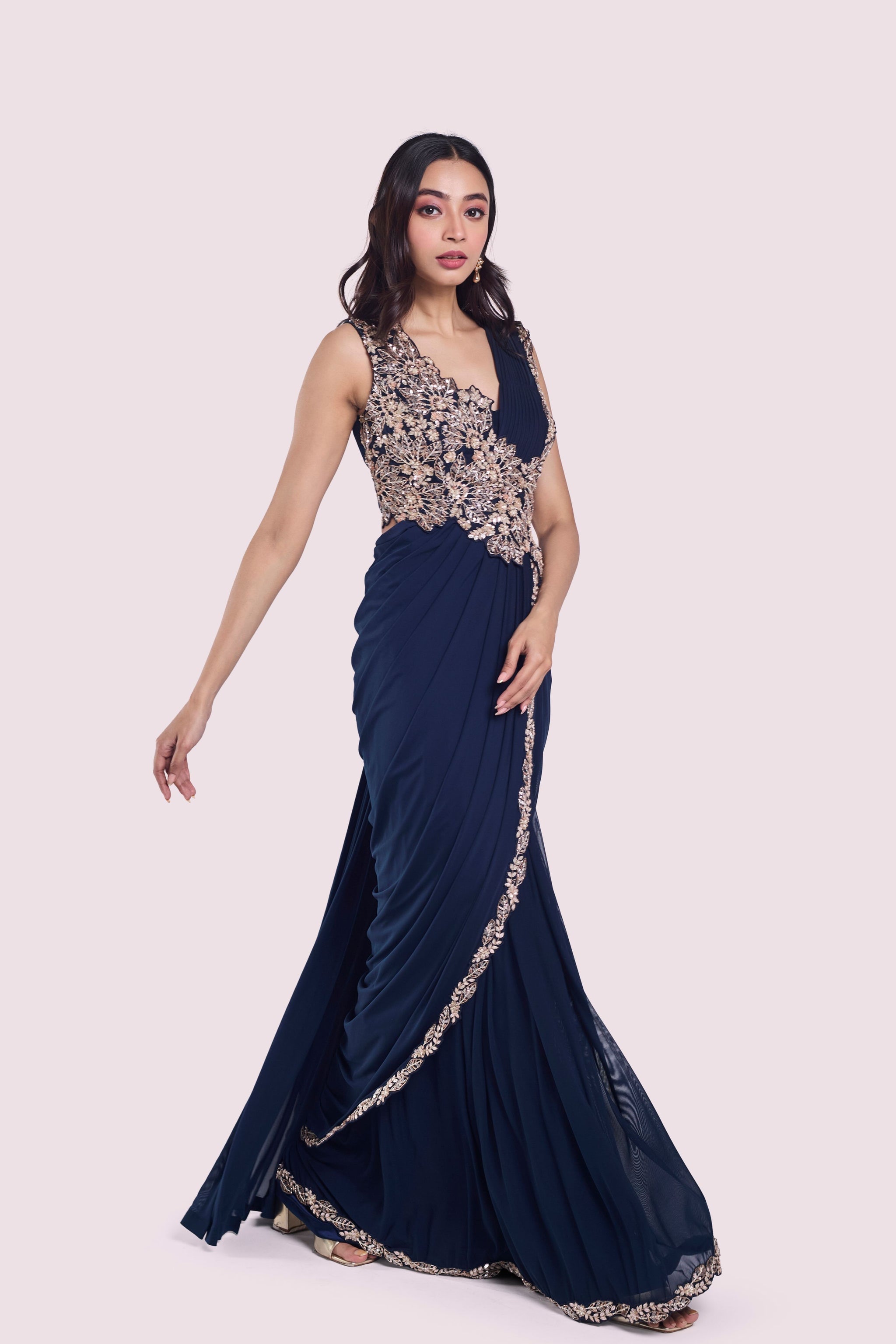 Ready-to-Wear Heavy Rangoli Embroidered Saree with Fully Stitched Blouse | Premium Cording Work Saree
