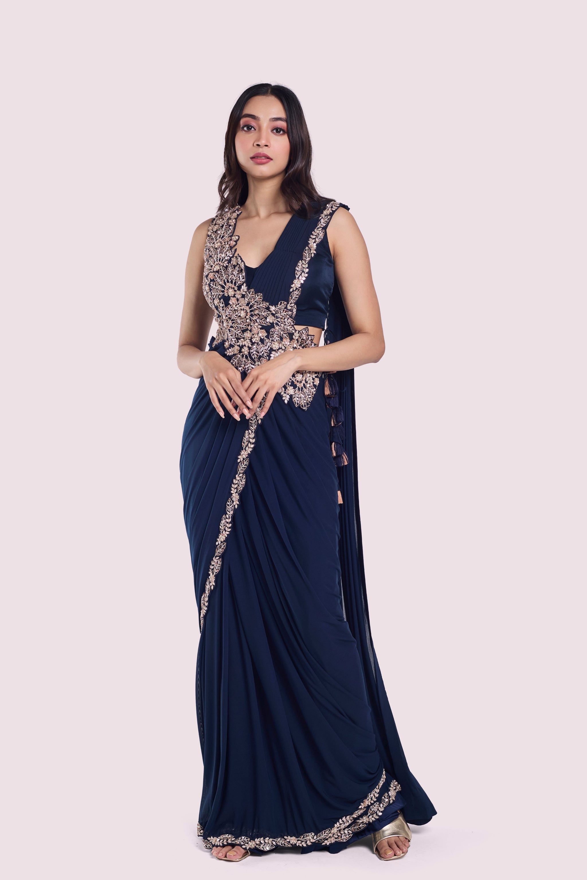 Ready-to-Wear Heavy Rangoli Embroidered Saree with Fully Stitched Blouse | Premium Cording Work Saree