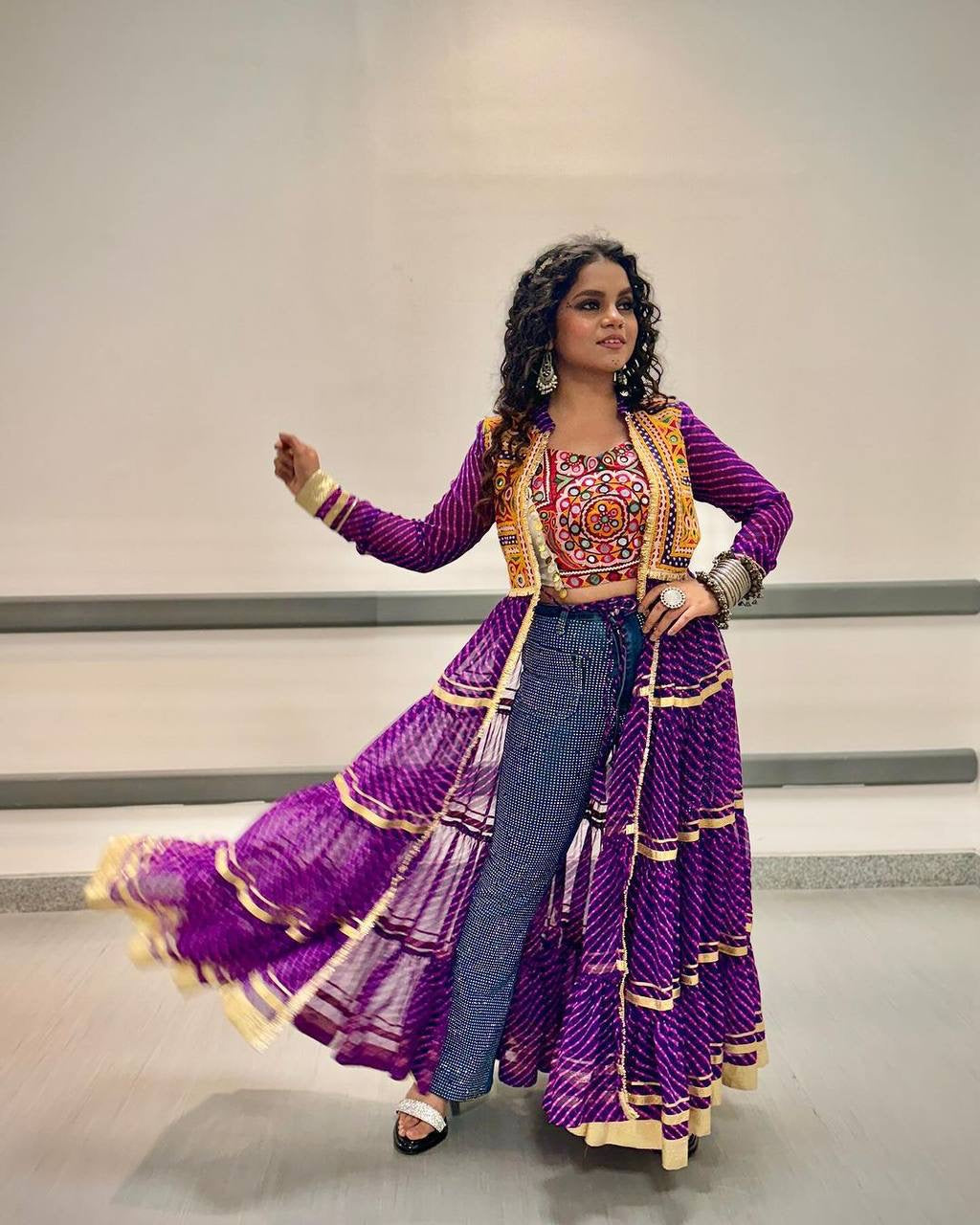 Premium Navratri Mirror Work Shrug with Embroidered Blouse