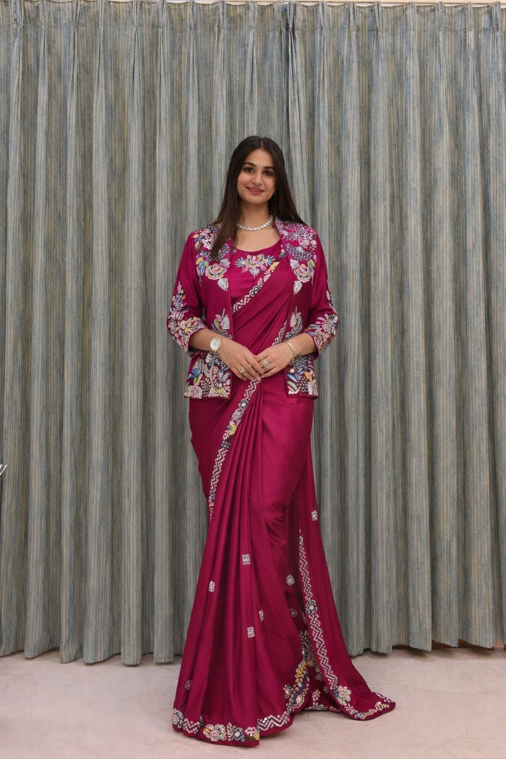 New Super Trending Party jacket with saree Reday to wear Embroidery work saree