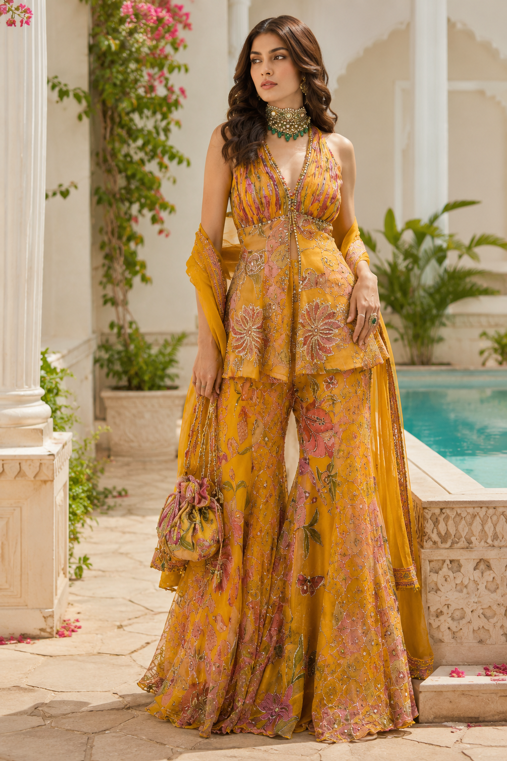 Luxury Mustard Yellow Designer Embroidered Sharara Set With Dupatta