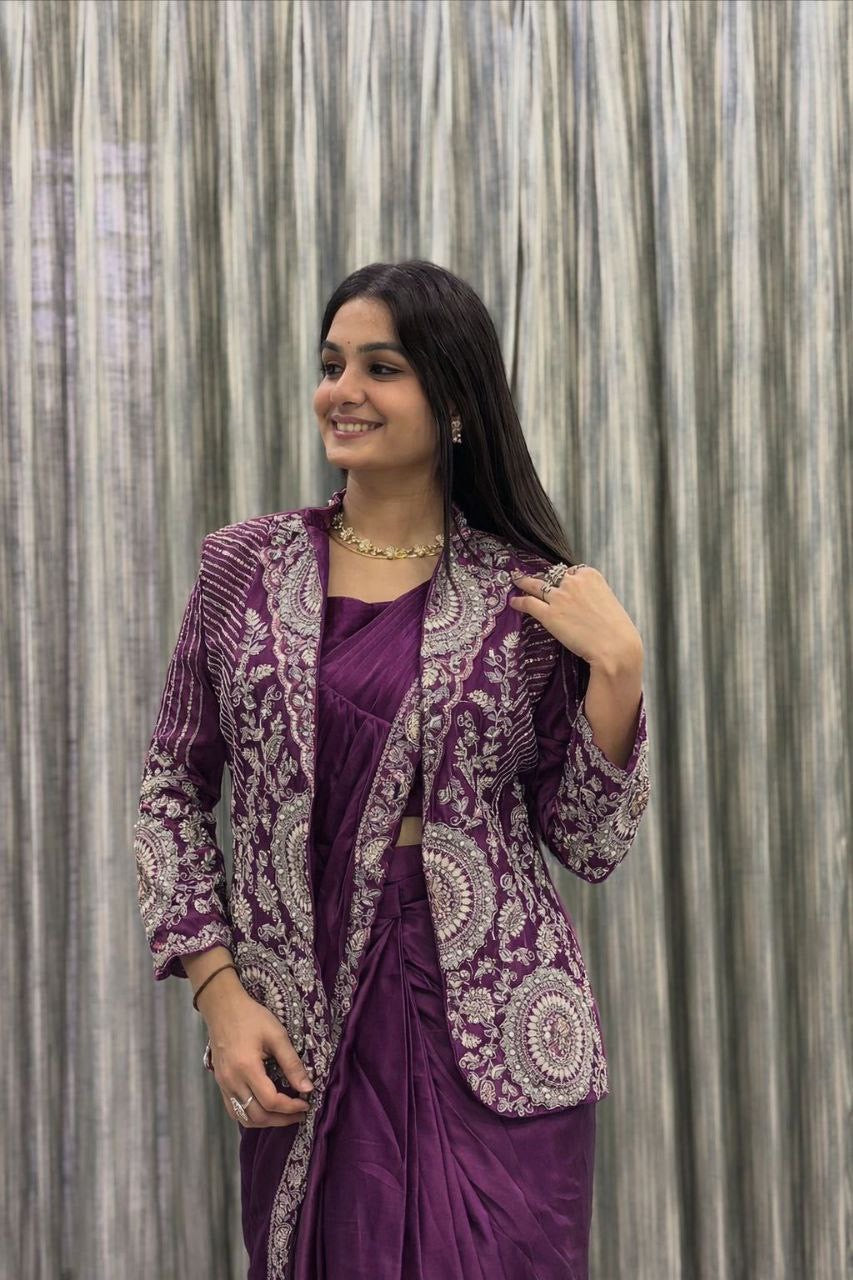 Embroidered Sequin Ready-to-Wear Saree with Full Koti
