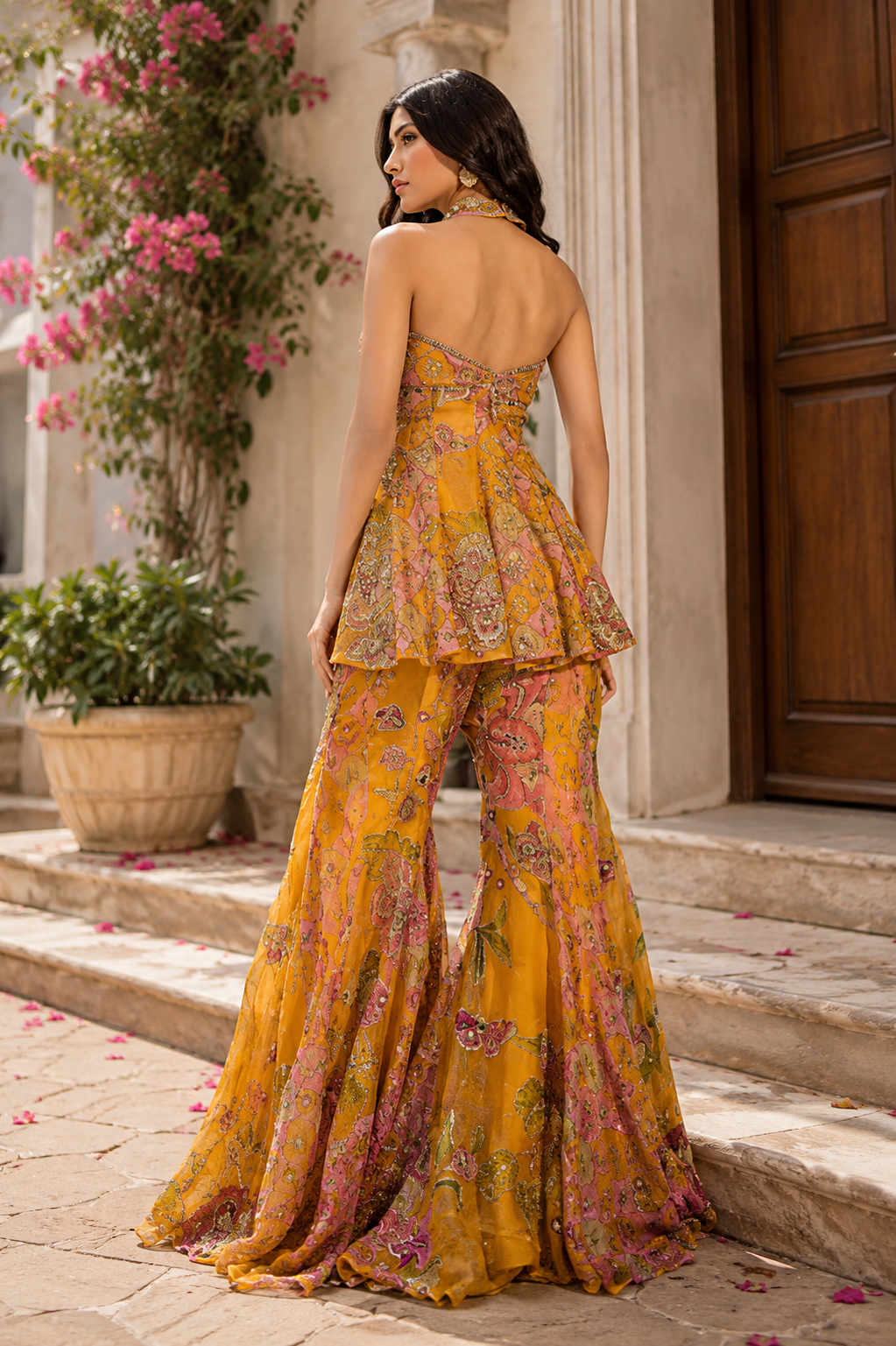 Luxury Mustard Yellow Designer Embroidered Sharara Set With Dupatta