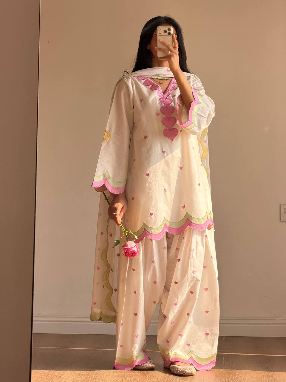 Ivory Pink Heart Embroidery thread Work Farshi Salwar Suit Set