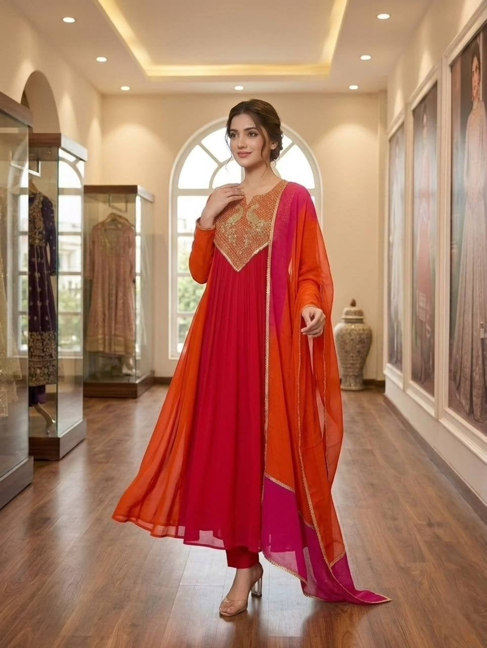 Beautiful Dual Tone Mul Chanderi Anarkali Set
