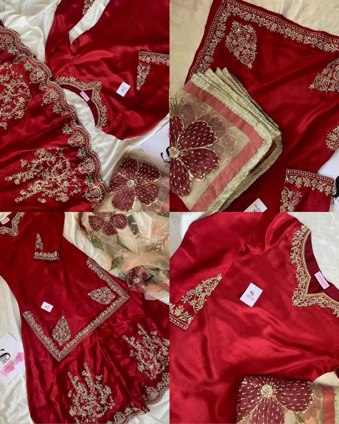 Red fabric with gold embroidery in a collage format.