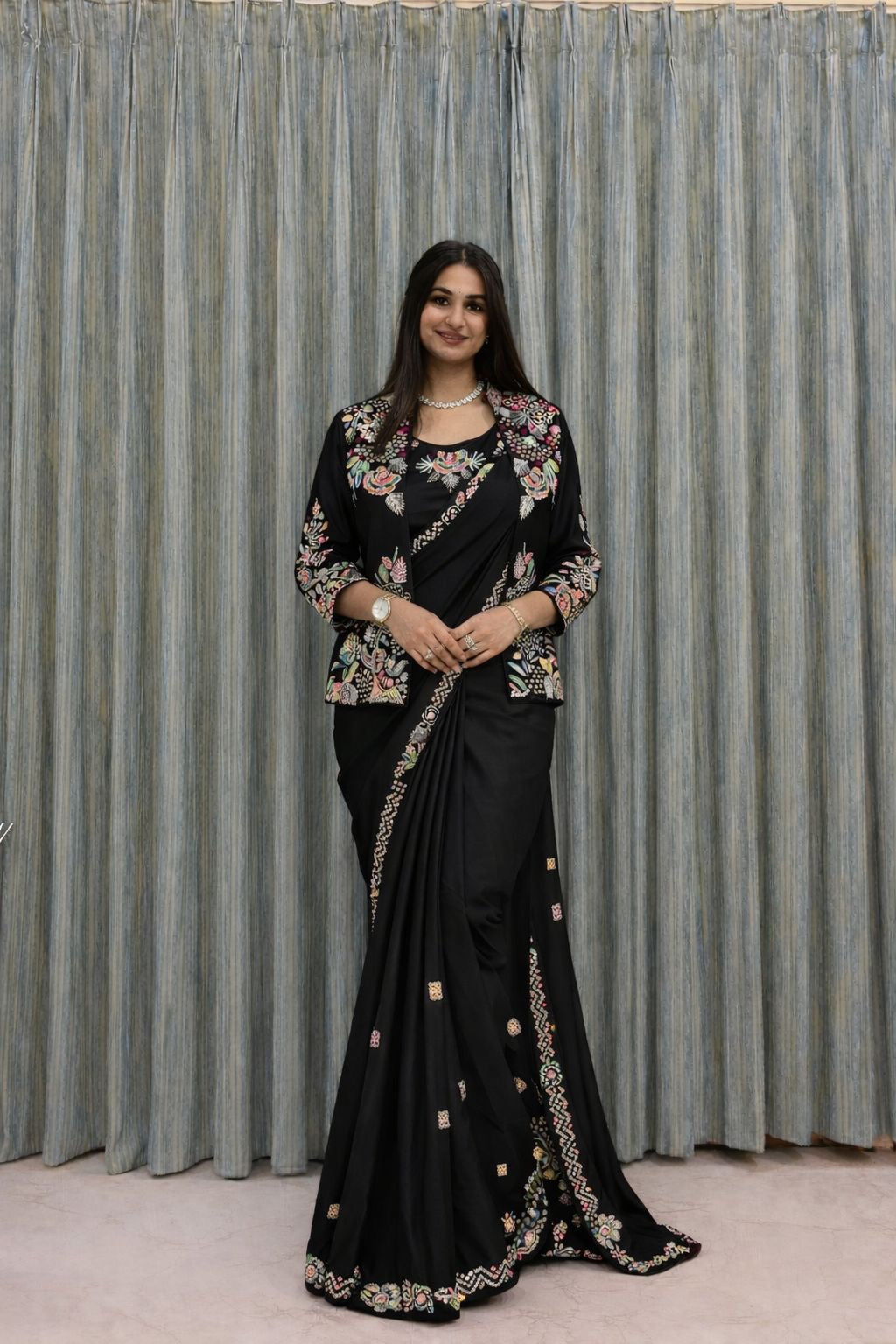 New Super Trending Party jacket with saree Reday to wear Embroidery work saree