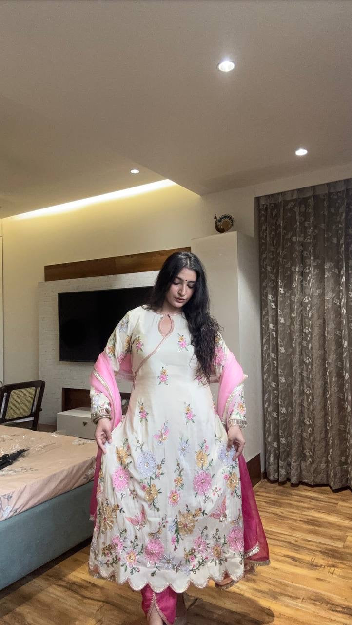 DESIGNER WEAR EMBROIDERED BOAT NECK TOP WITH TULIP SALWAAR PAIR💝