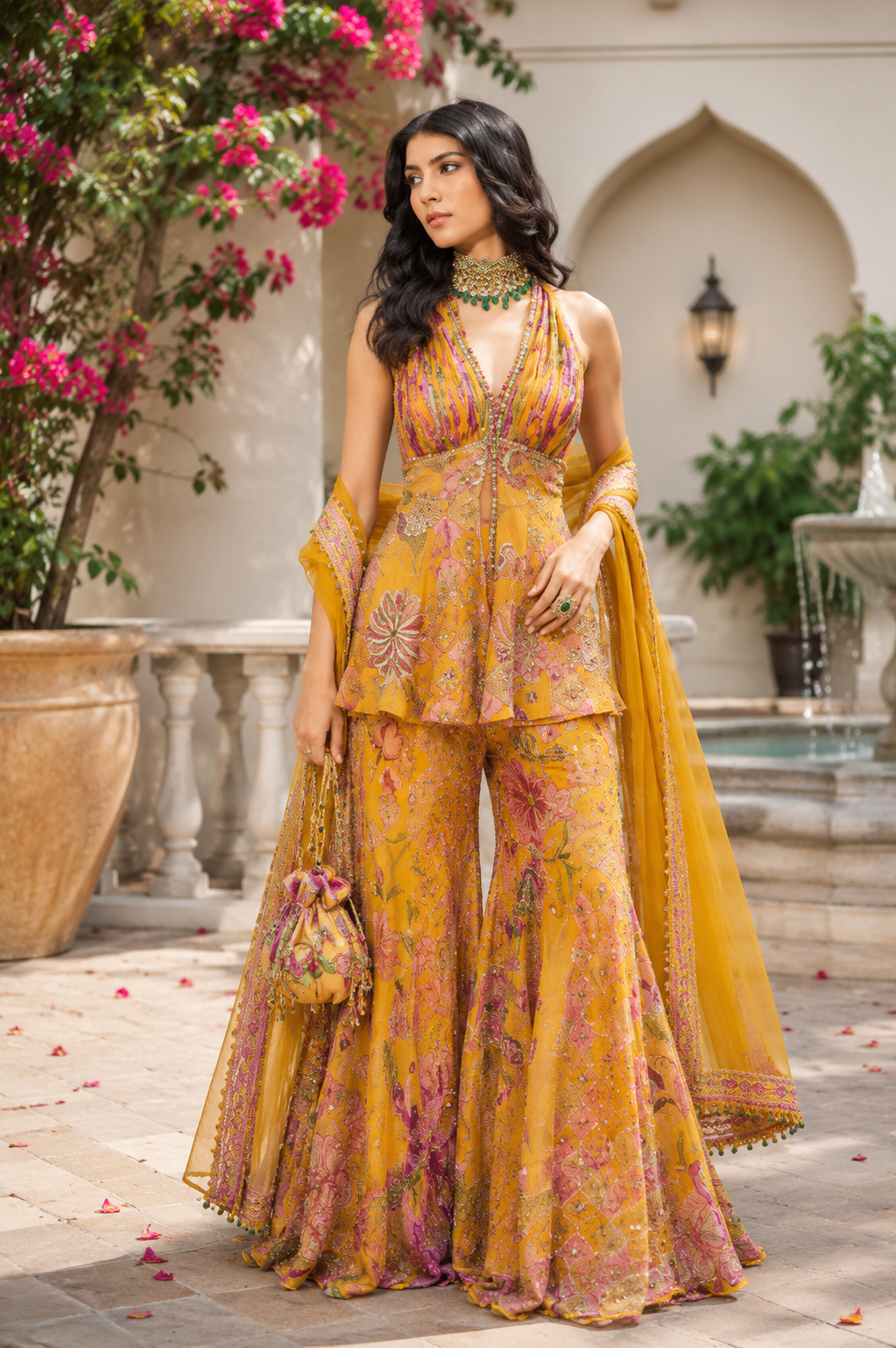Luxury Mustard Yellow Designer Embroidered Sharara Set With Dupatta