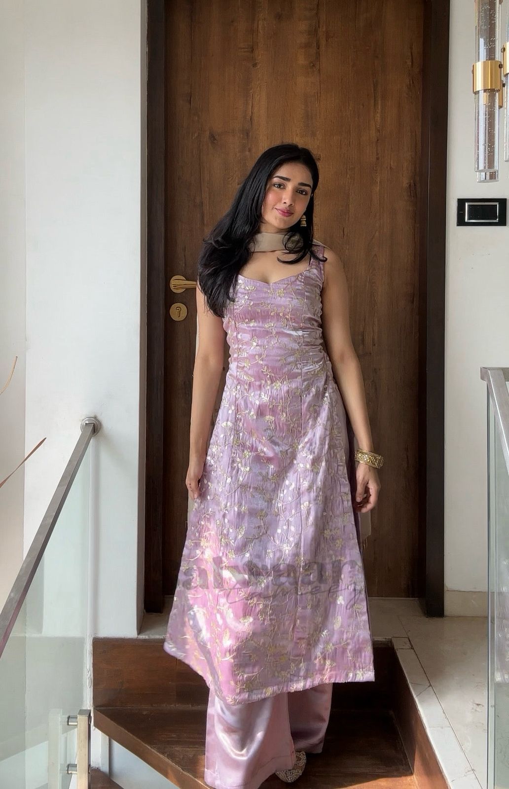 Lilac Three-Piece Jacket Set with Gold Embroidery