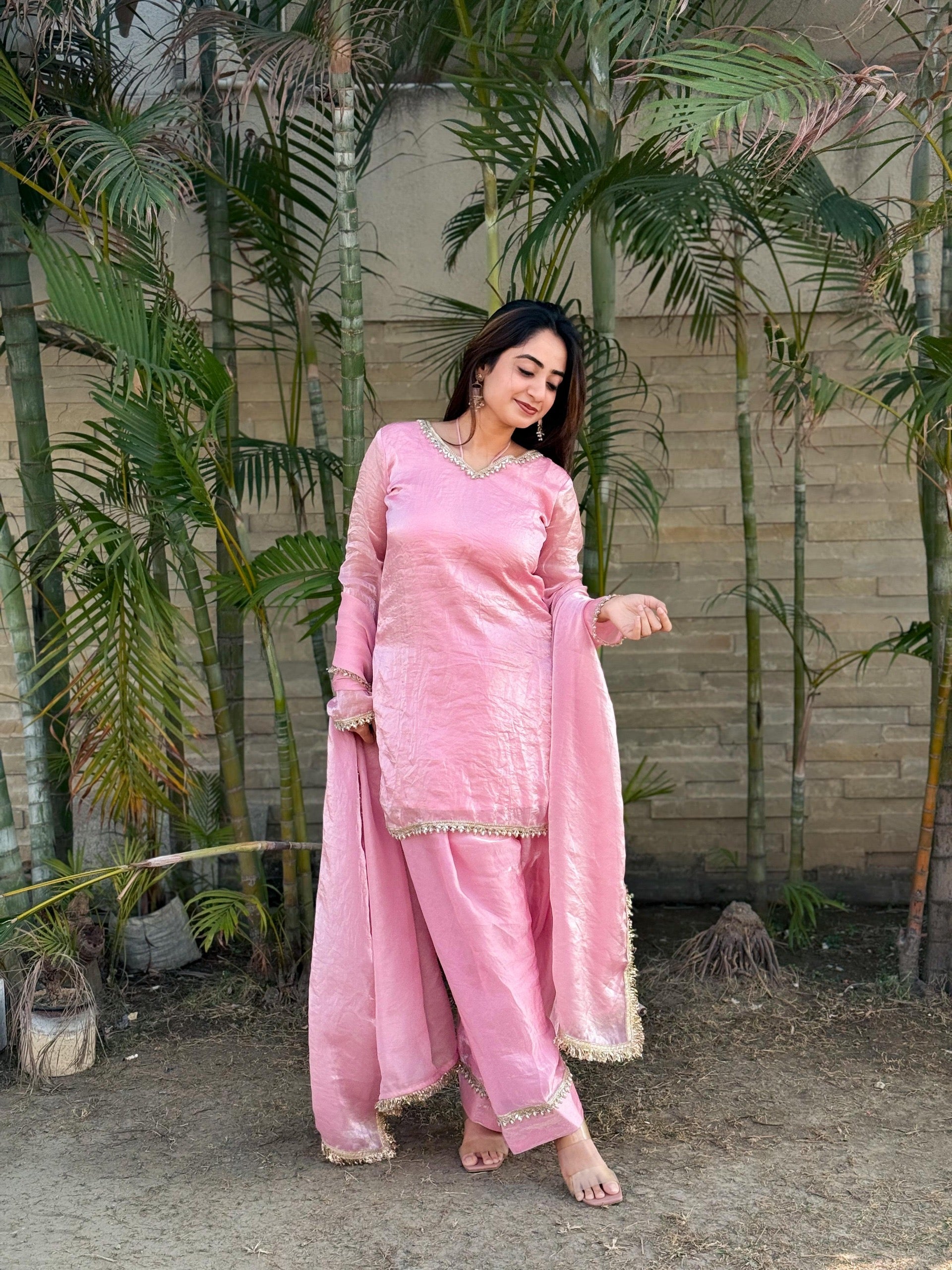 Fendi Satin Silk Designer Farsi Salwar Suit Set with Mirror Work Dupatta
