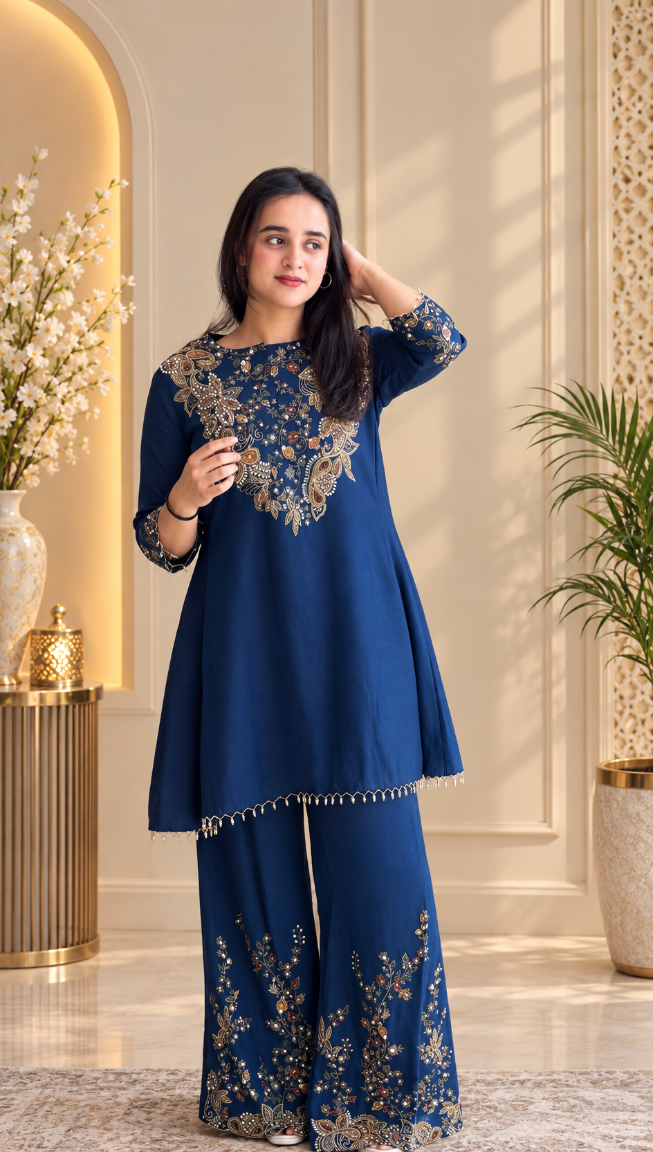Navy Blue Printed Silk Palazzo Suit with Embroidery
