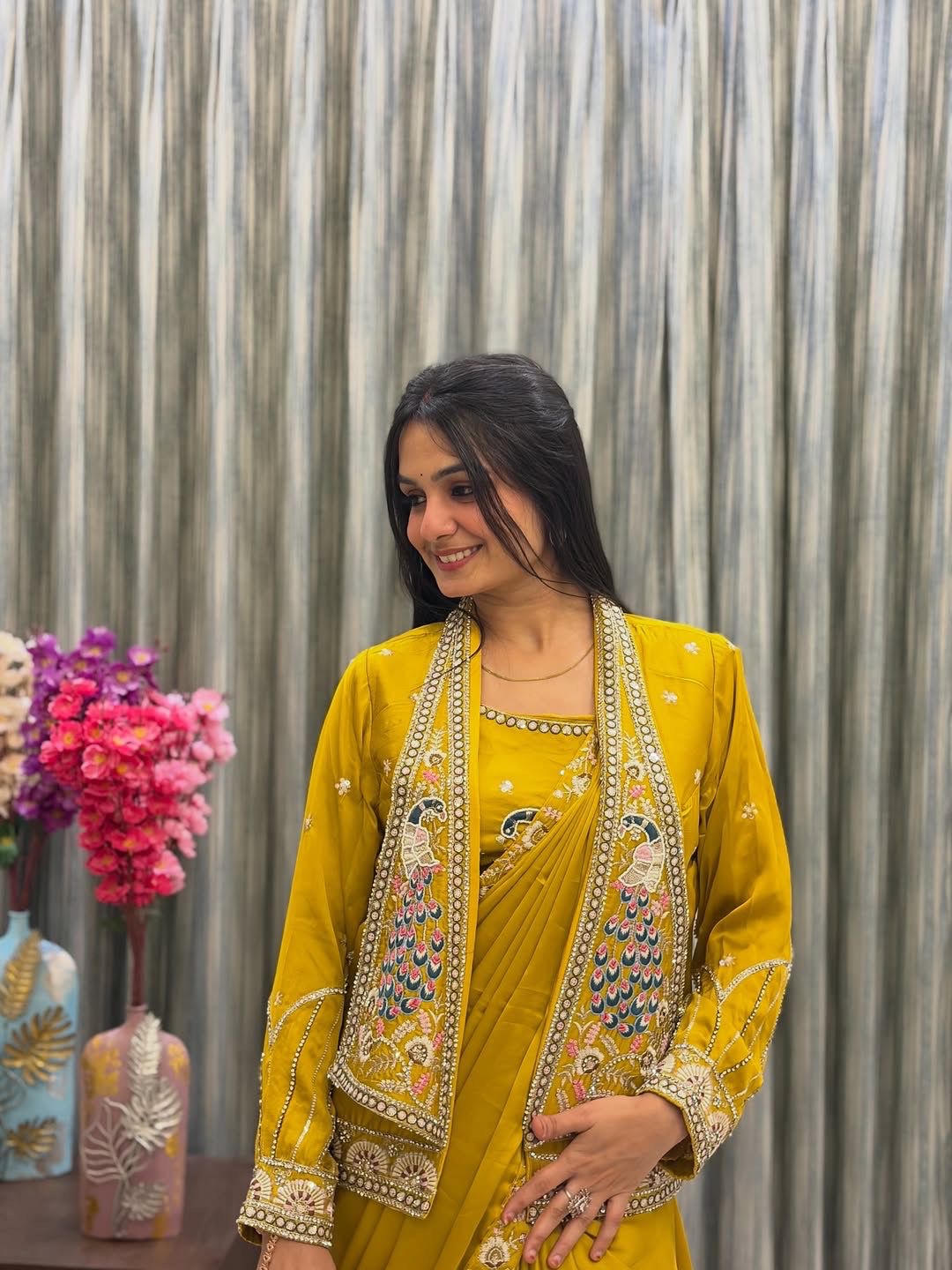 New Super Trending Party jacket with saree Reday to wear Embroidery work saree