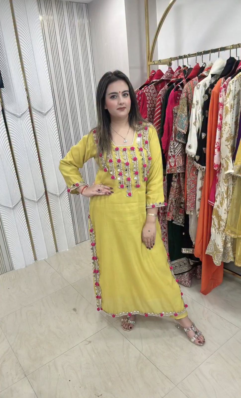 Ivory Hand-Embellished Kurta Set with Pink Tassel Detailing