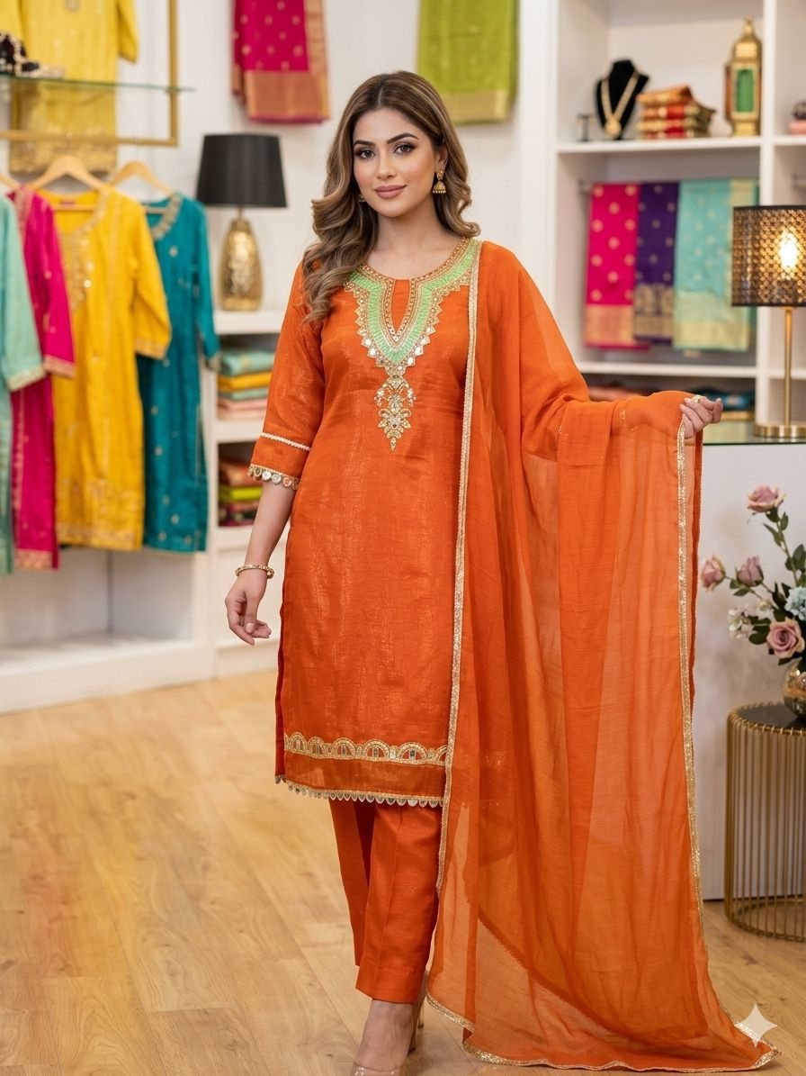 REAL MIRROR WORKED TOP, PANT WITH DUPATTA