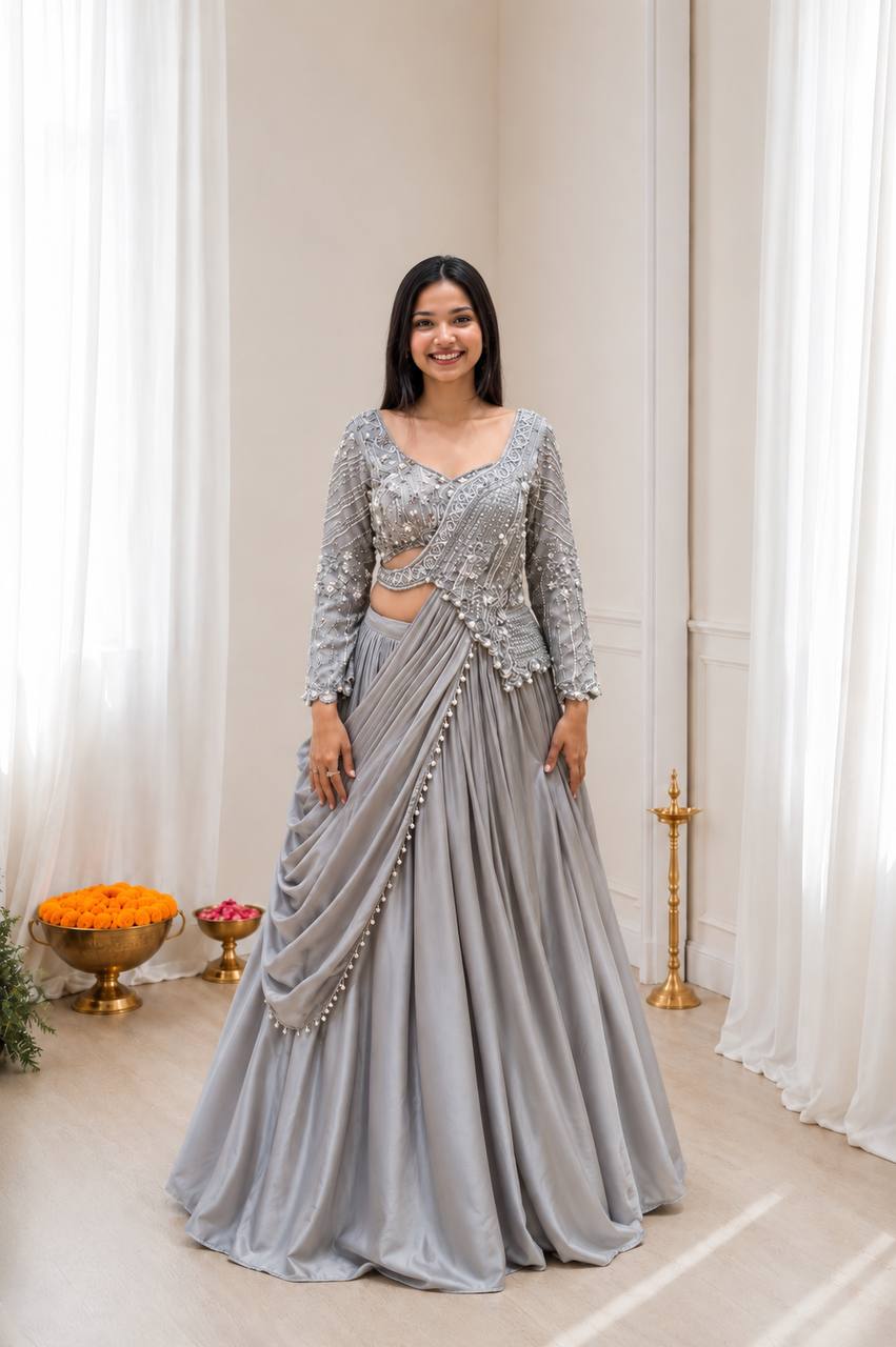 🌺 Premium Embroidered Rangoli Silk Lehenga Choli Set – Grey