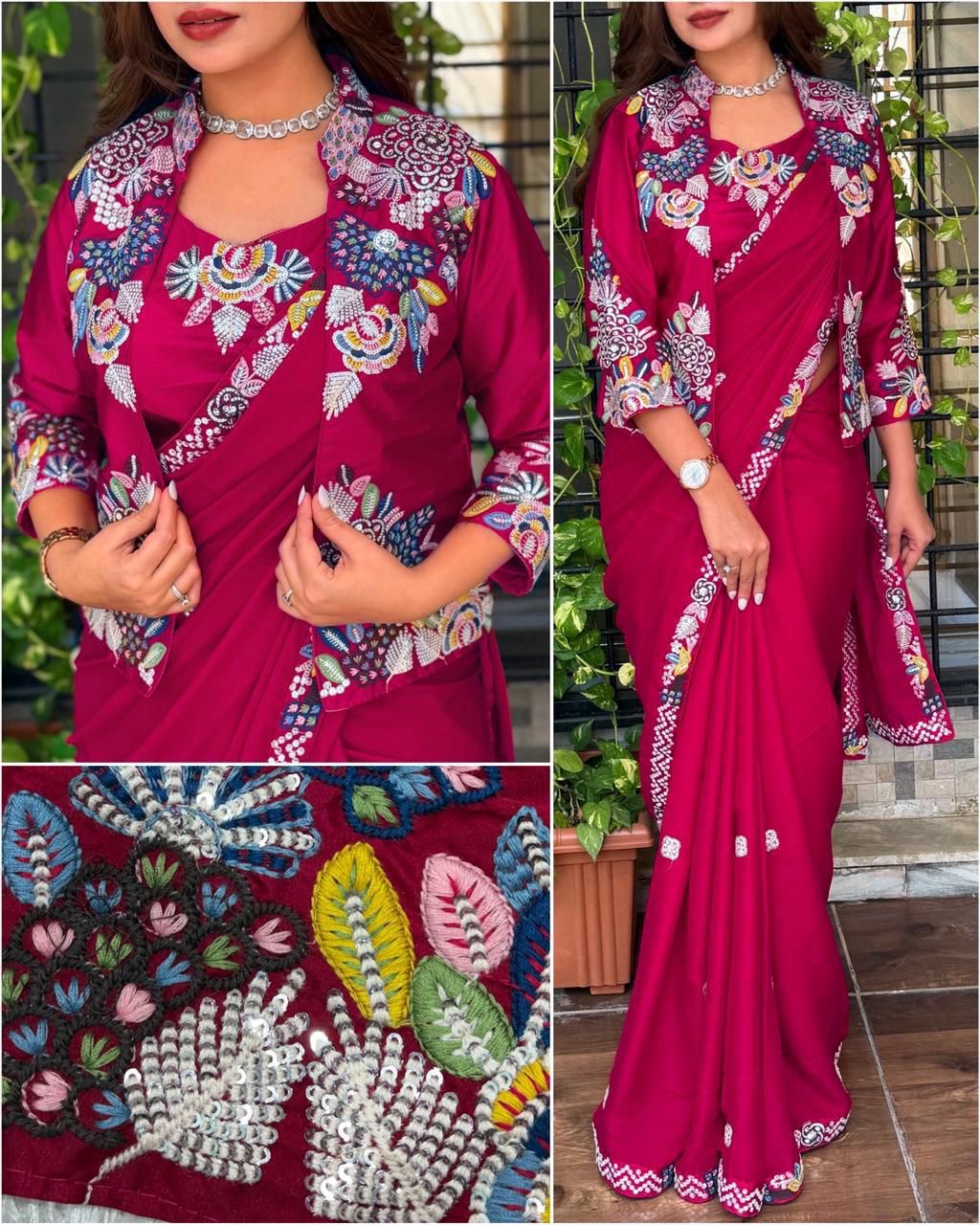 New Super Trending Party jacket with saree Reday to wear Embroidery work saree