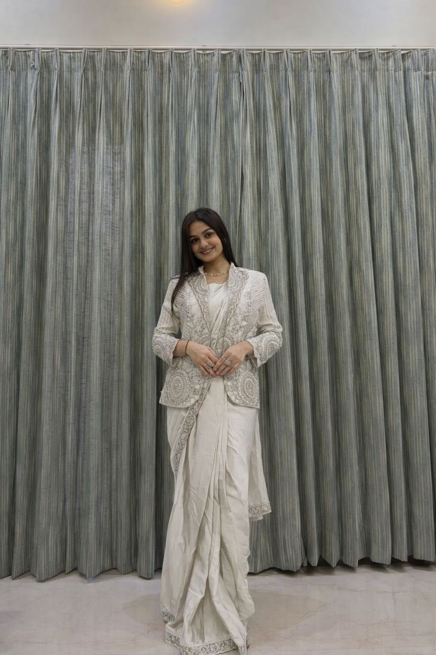 Embroidered Sequin Ready-to-Wear Saree with Full Koti