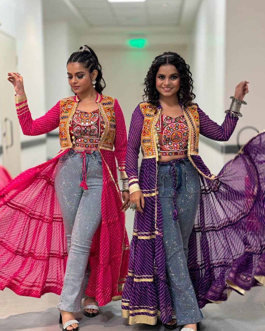 Premium Navratri Mirror Work Shrug with Embroidered Blouse