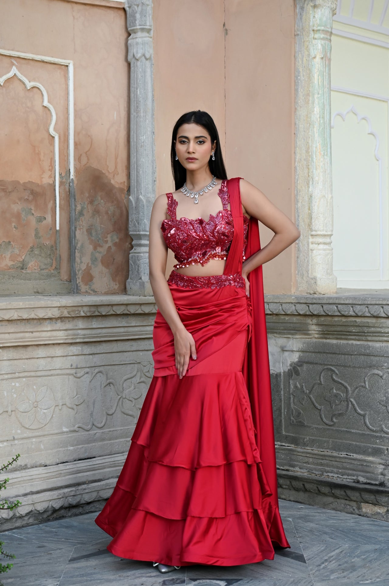 Embroidered Crop Top with Draped Layered Lehenga Set
