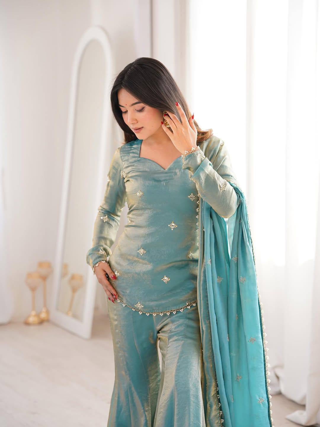 Elegant JMC Silk Embroidered Plazzo Set