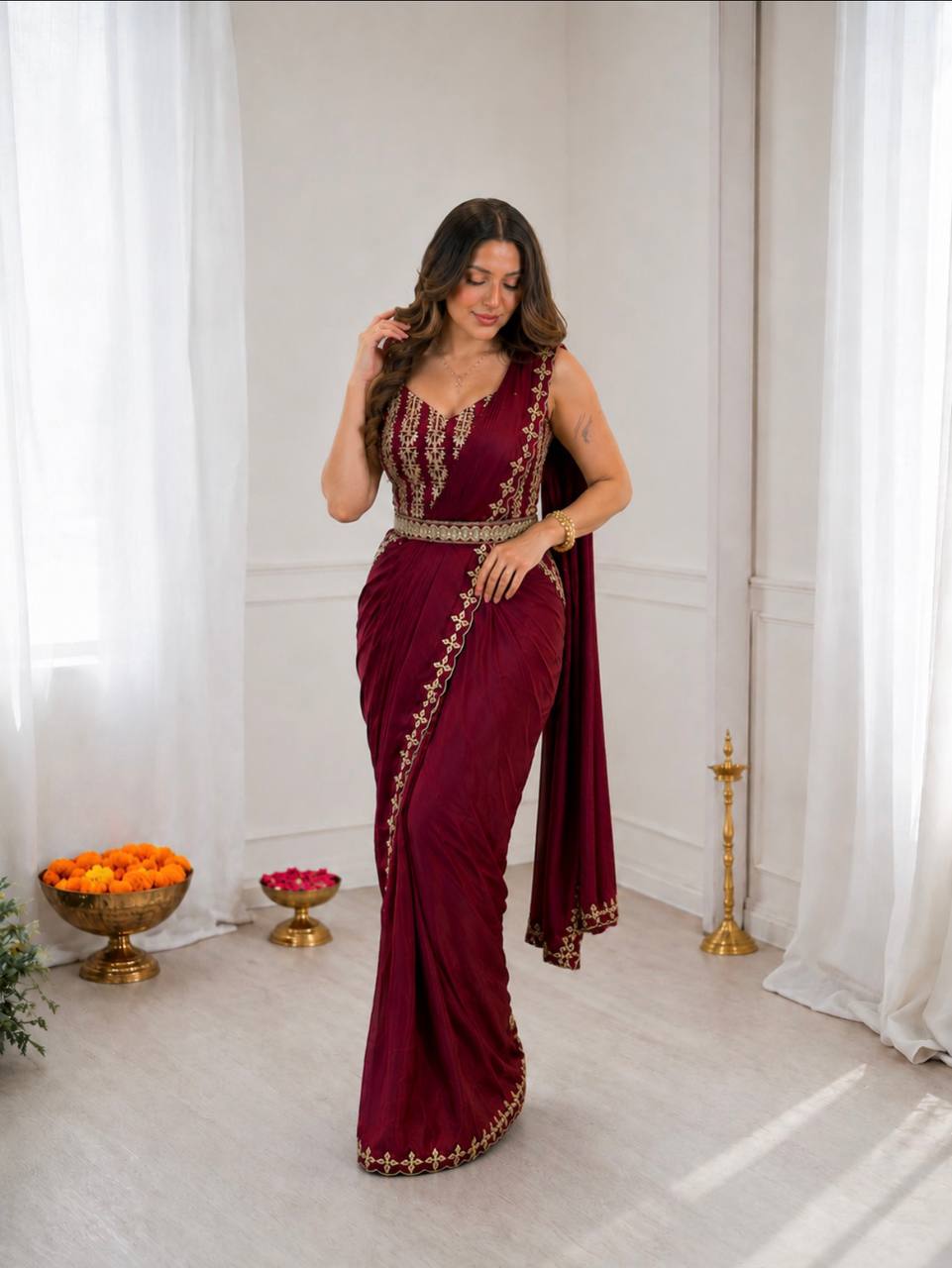Premium Maroon Ready-to-Wear Saree with Embroidered Blouse
