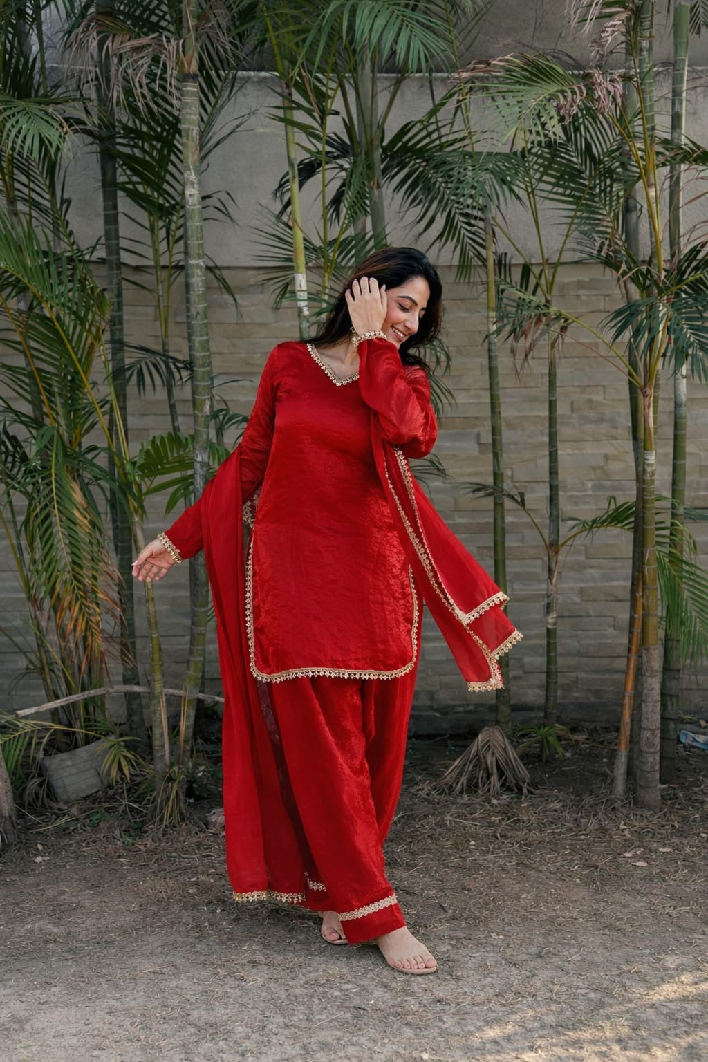 Fendi Satin Silk Designer Farsi Salwar Suit Set with Mirror Work Dupatta
