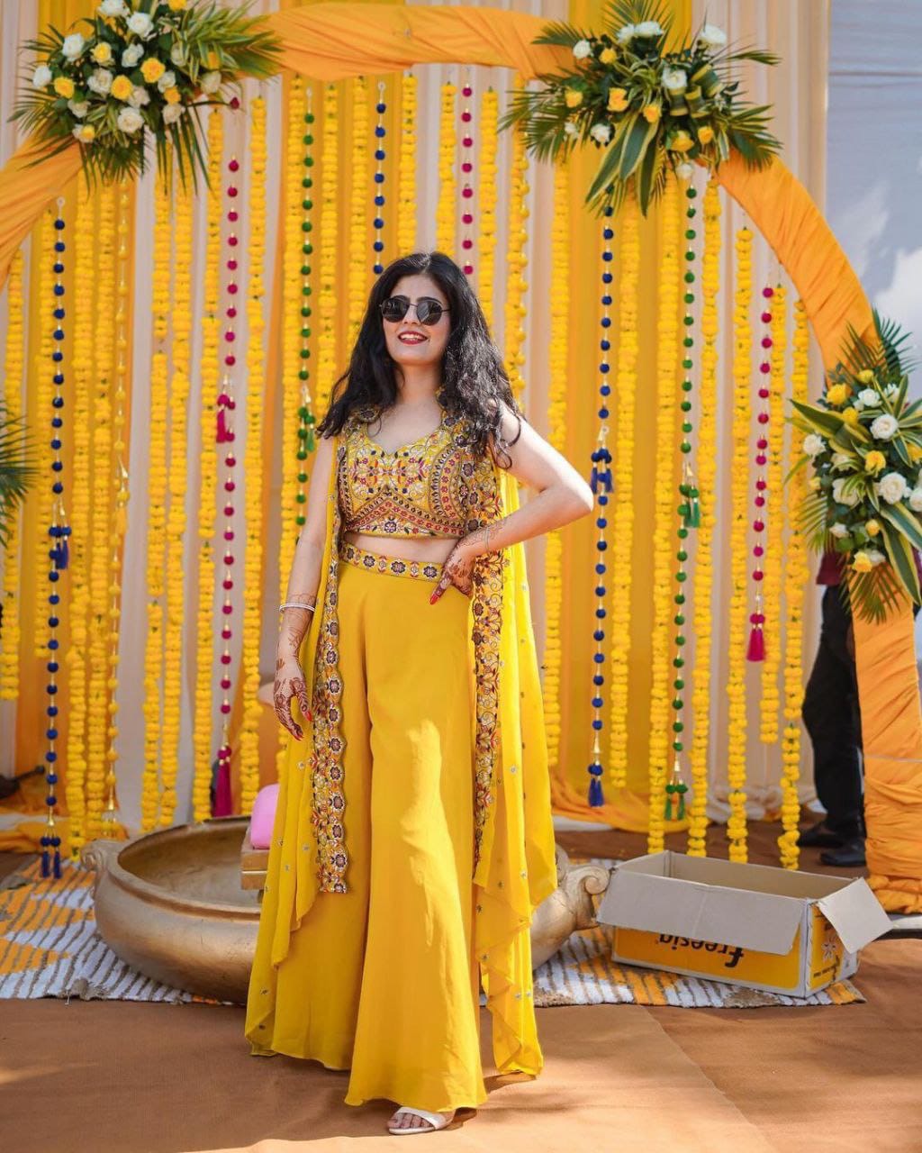 Haldi Rasam Special New Super Trending Embroidery cording work and Party Wear Shrug lahenga