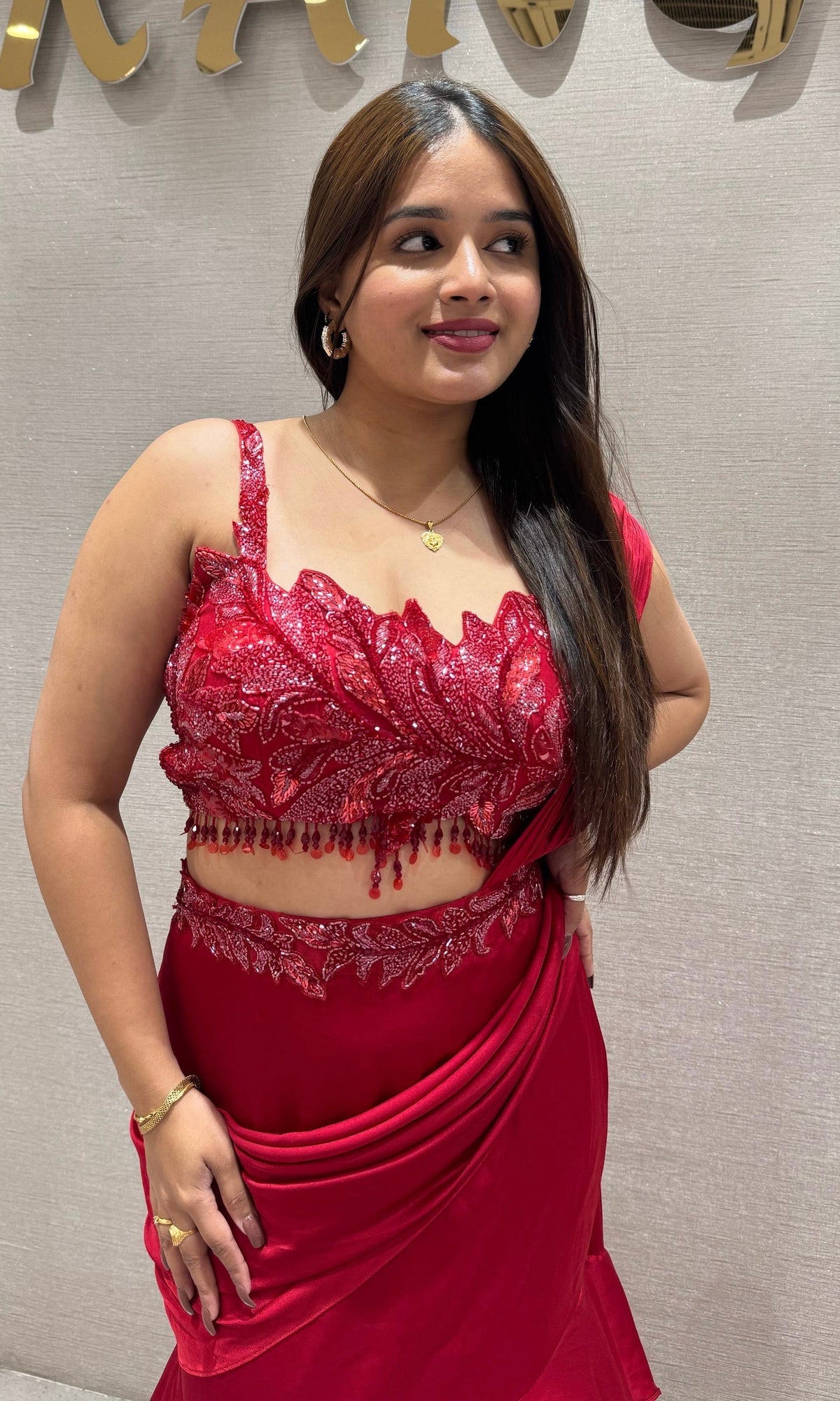 Embroidered Crop Top with Draped Layered Lehenga Set