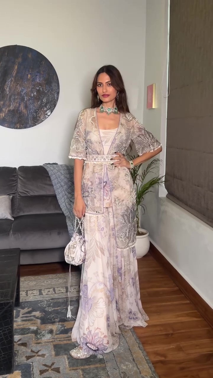 Mahnoor Embroidered Gharara Set Paired with High Low Jacket and Belt
