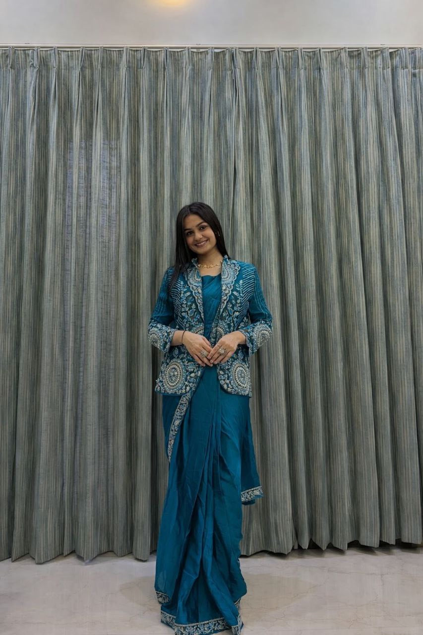 Embroidered Sequin Ready-to-Wear Saree with Full Koti