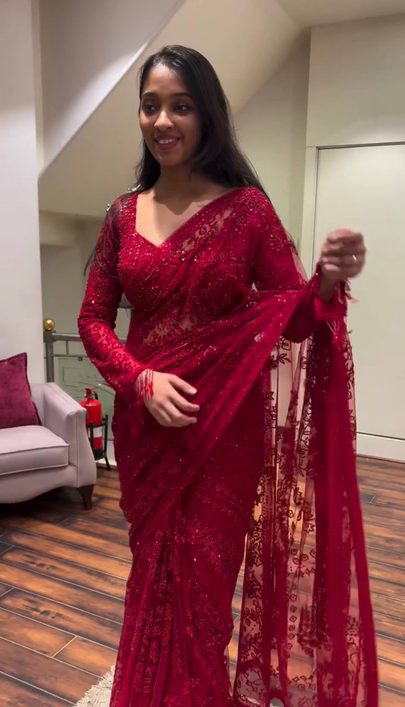 HEAVY EMBROIDERY & FANCY LACE WORK SAREE WITH STITCH BLOUSE