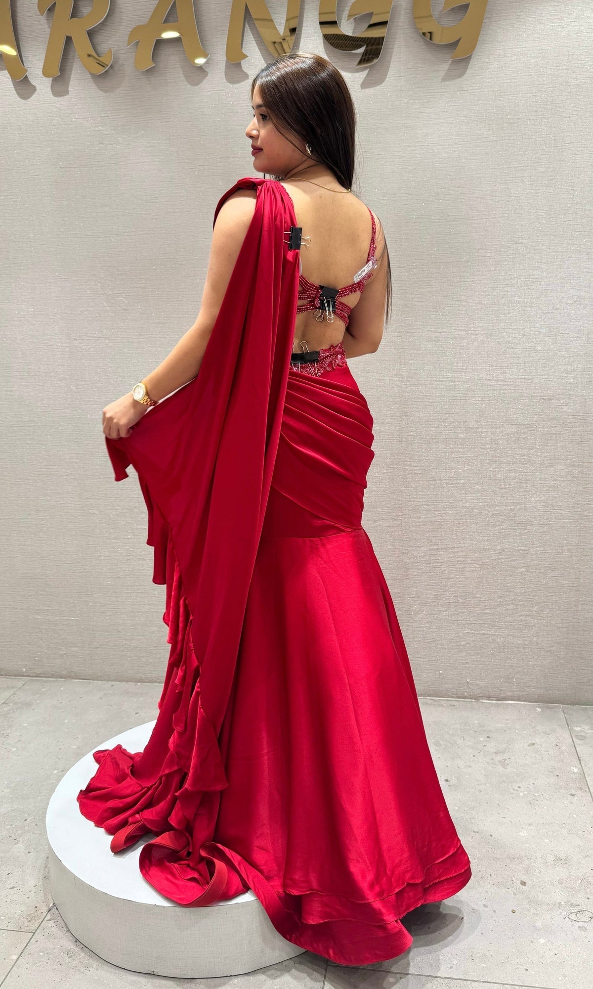 Embroidered Crop Top with Draped Layered Lehenga Set