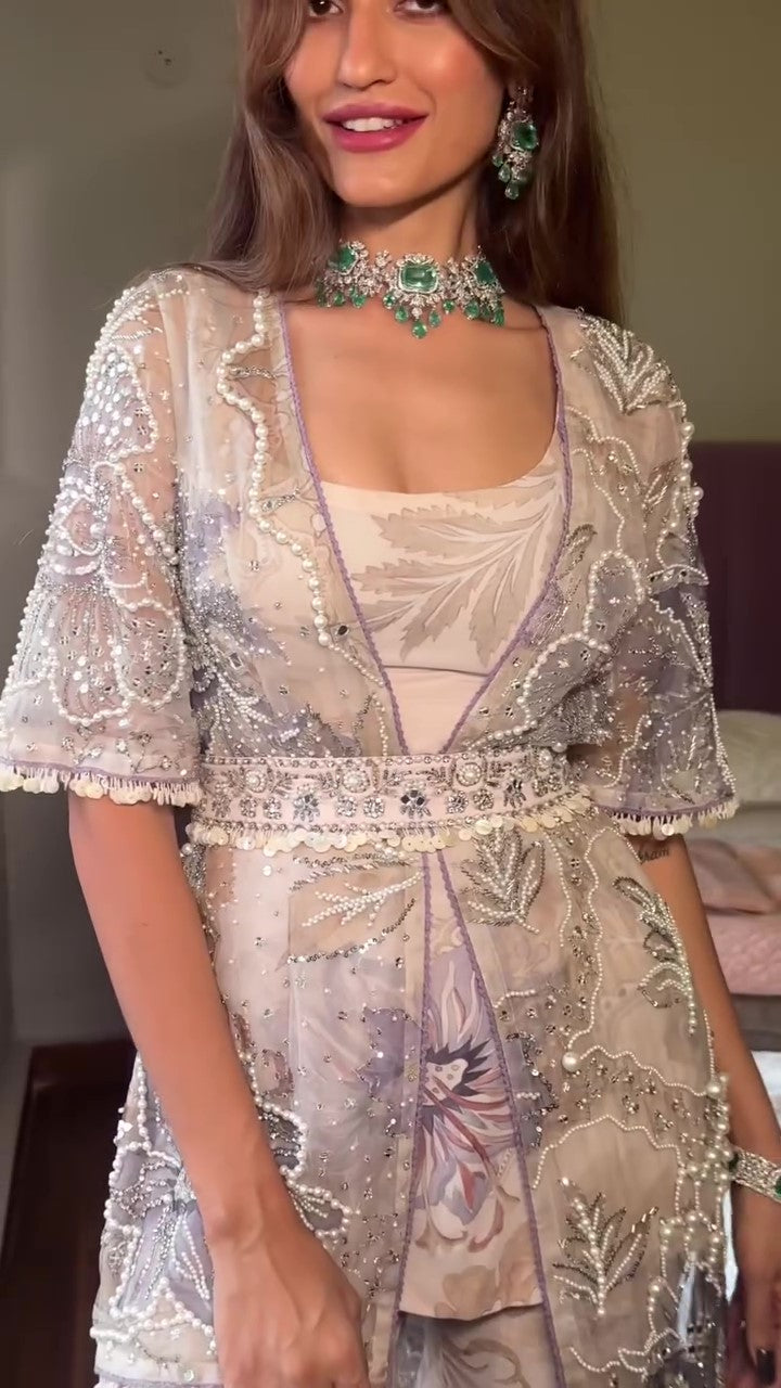 Mahnoor Embroidered Gharara Set Paired with High Low Jacket and Belt