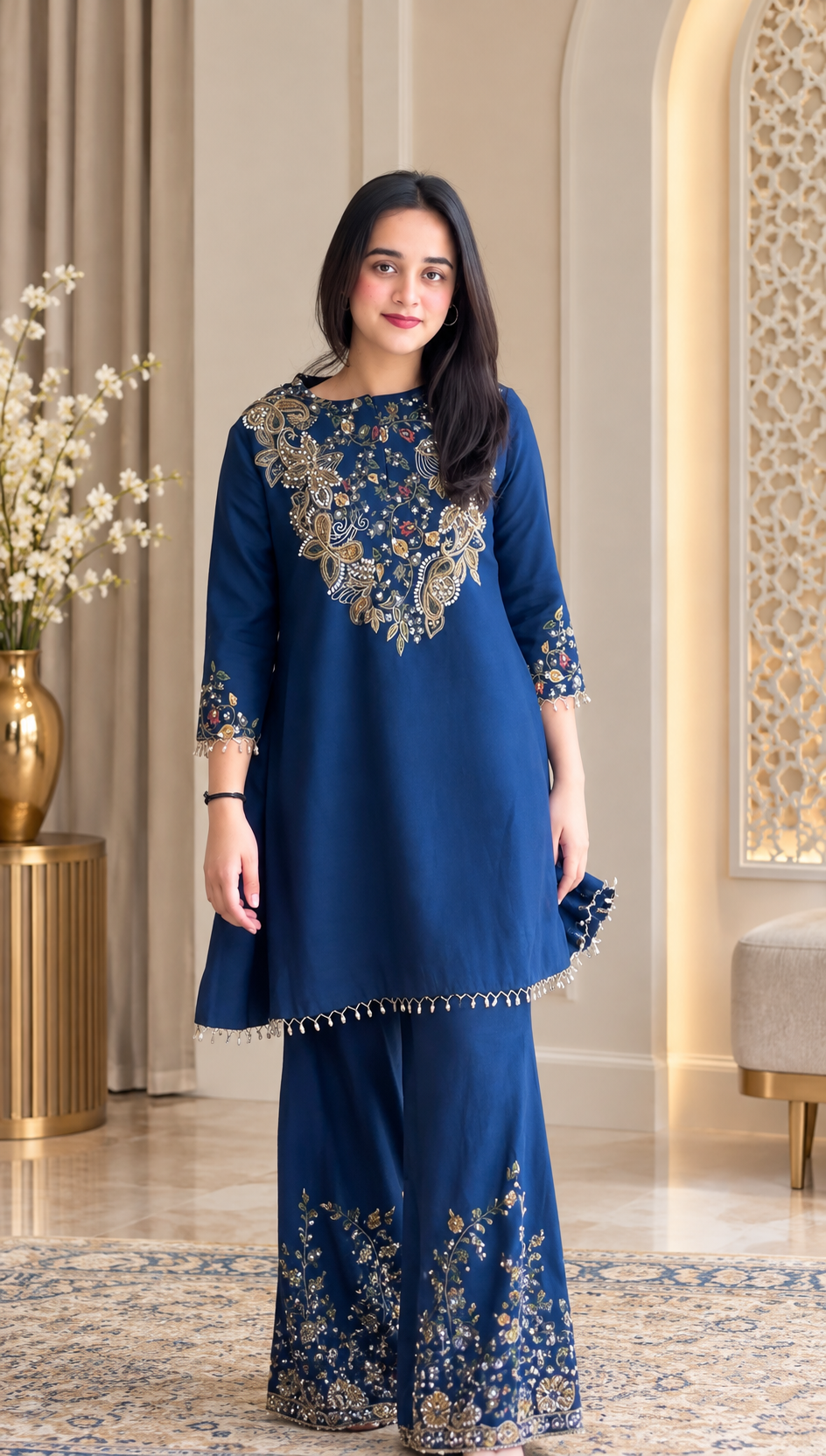 Navy Blue Printed Silk Palazzo Suit with Embroidery