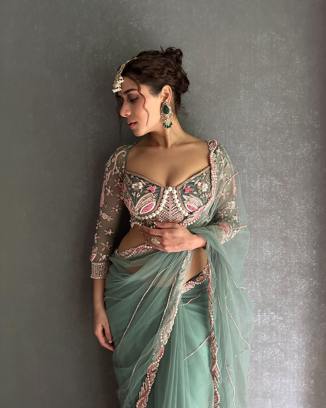 Wedding Wear Sky Color Butterfly Net Embroidery Work With Pearl Moti Work Designer Saree With Fancy Blouse