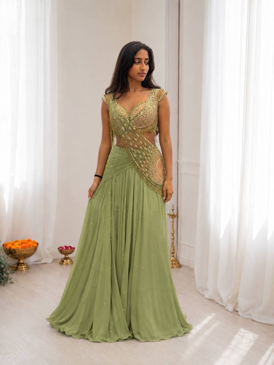 🌿 Premium Heavy Chinon Silk Lehenga Set with Embroidery Work (Green)
