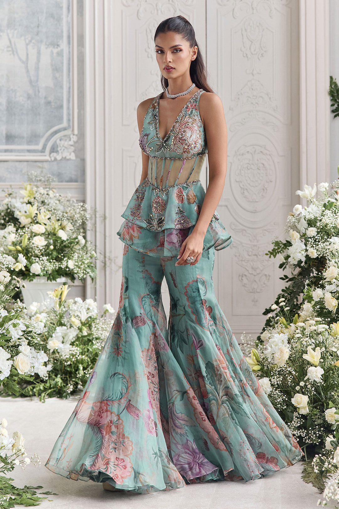 Carnival Mint Pastel Floral Bustier Sharara Dress
