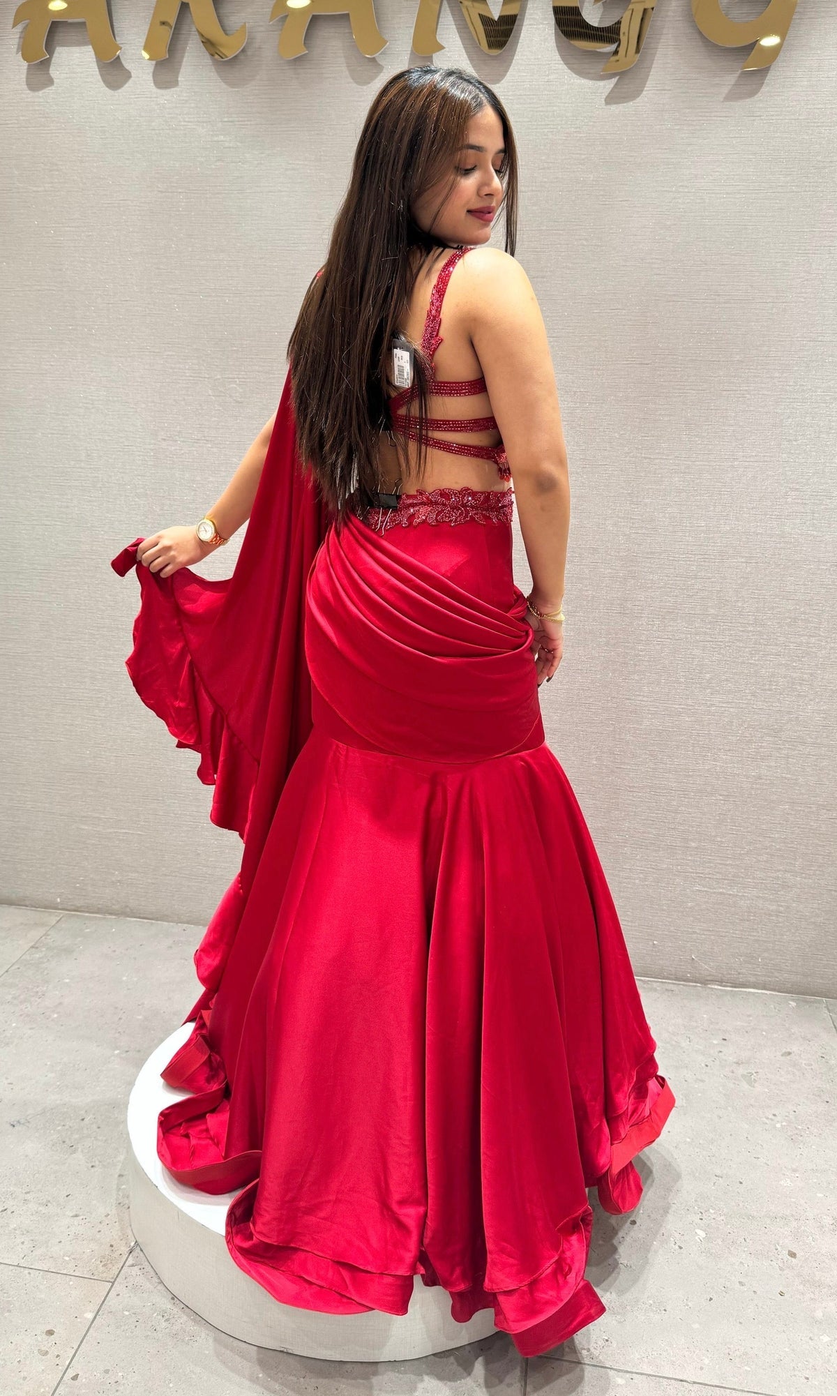Embroidered Crop Top with Draped Layered Lehenga Set