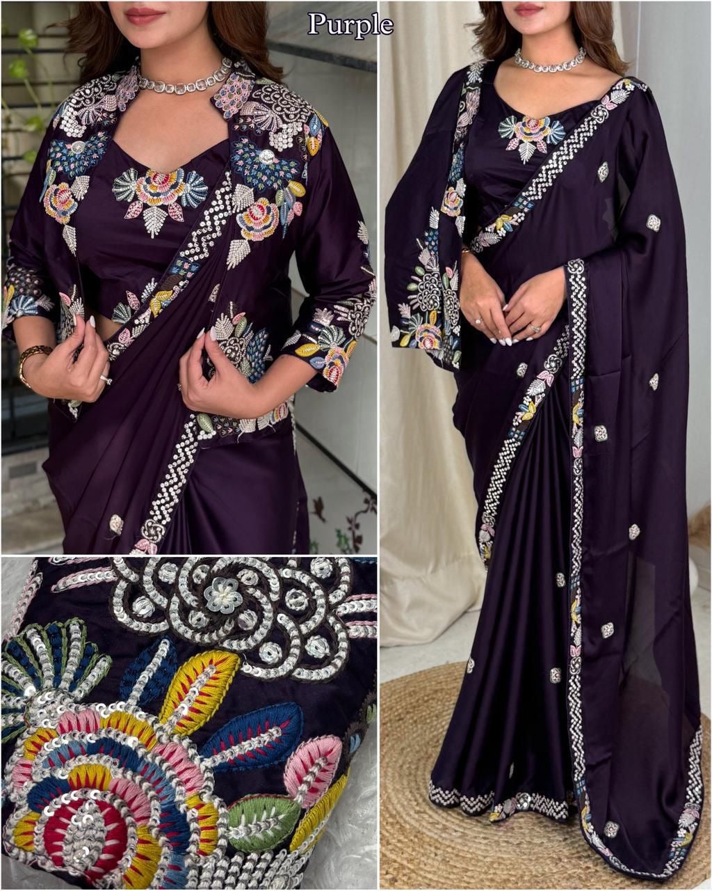 New Super Trending Party jacket with saree Reday to wear Embroidery work saree