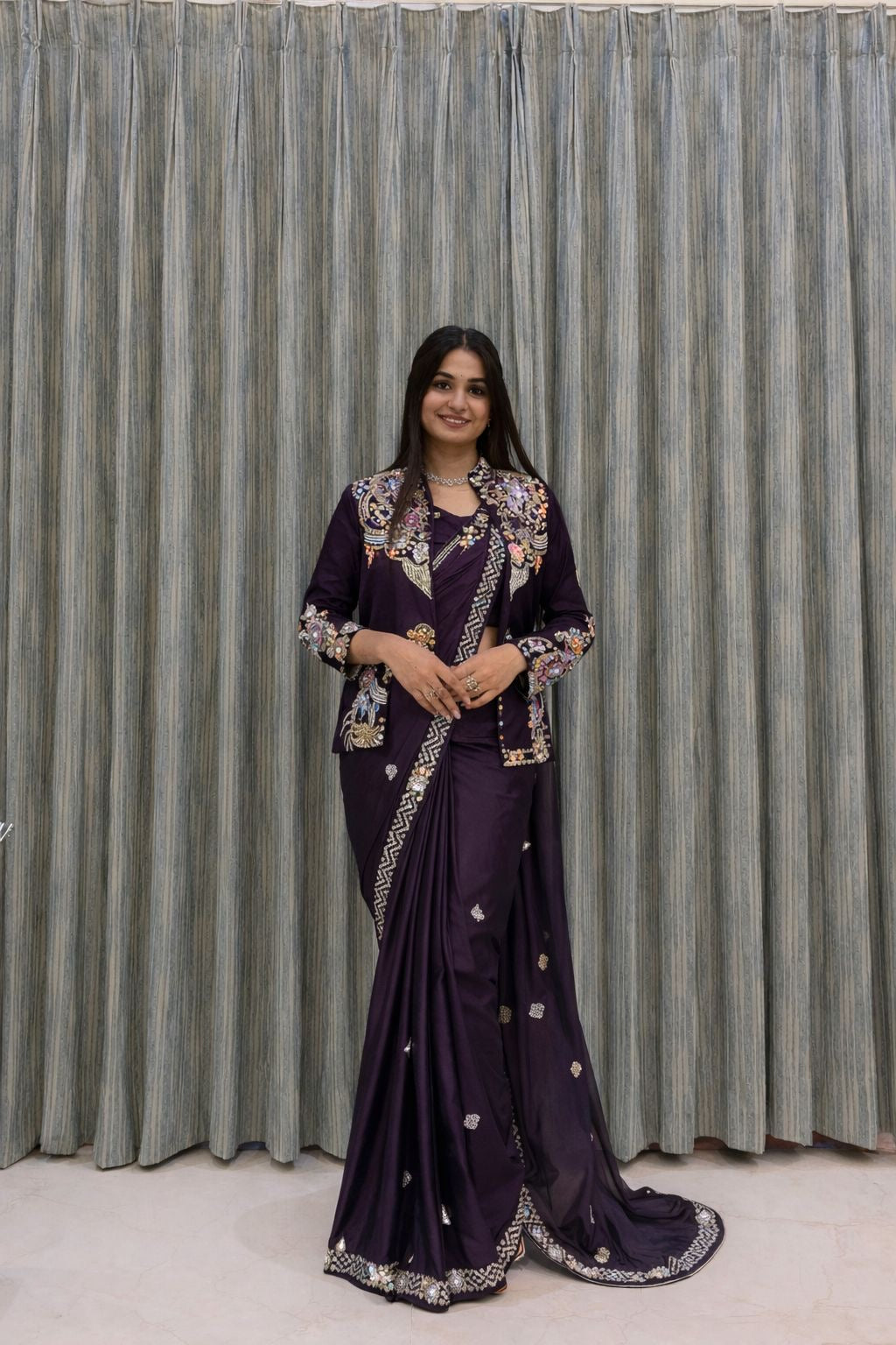 New Super Trending Party jacket with saree Reday to wear Embroidery work saree