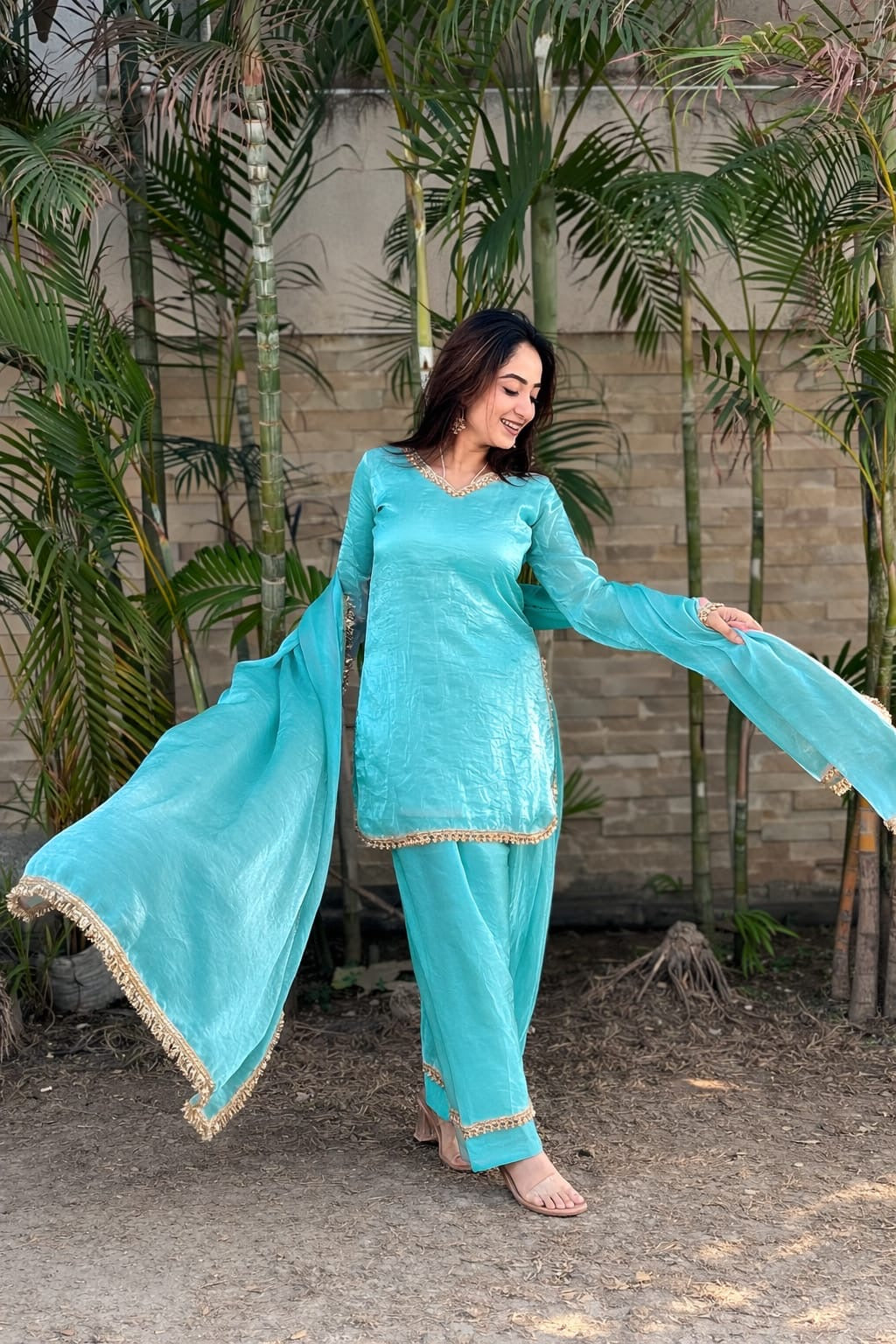 Fendi Satin Silk Designer Farsi Salwar Suit Set with Mirror Work Dupatta