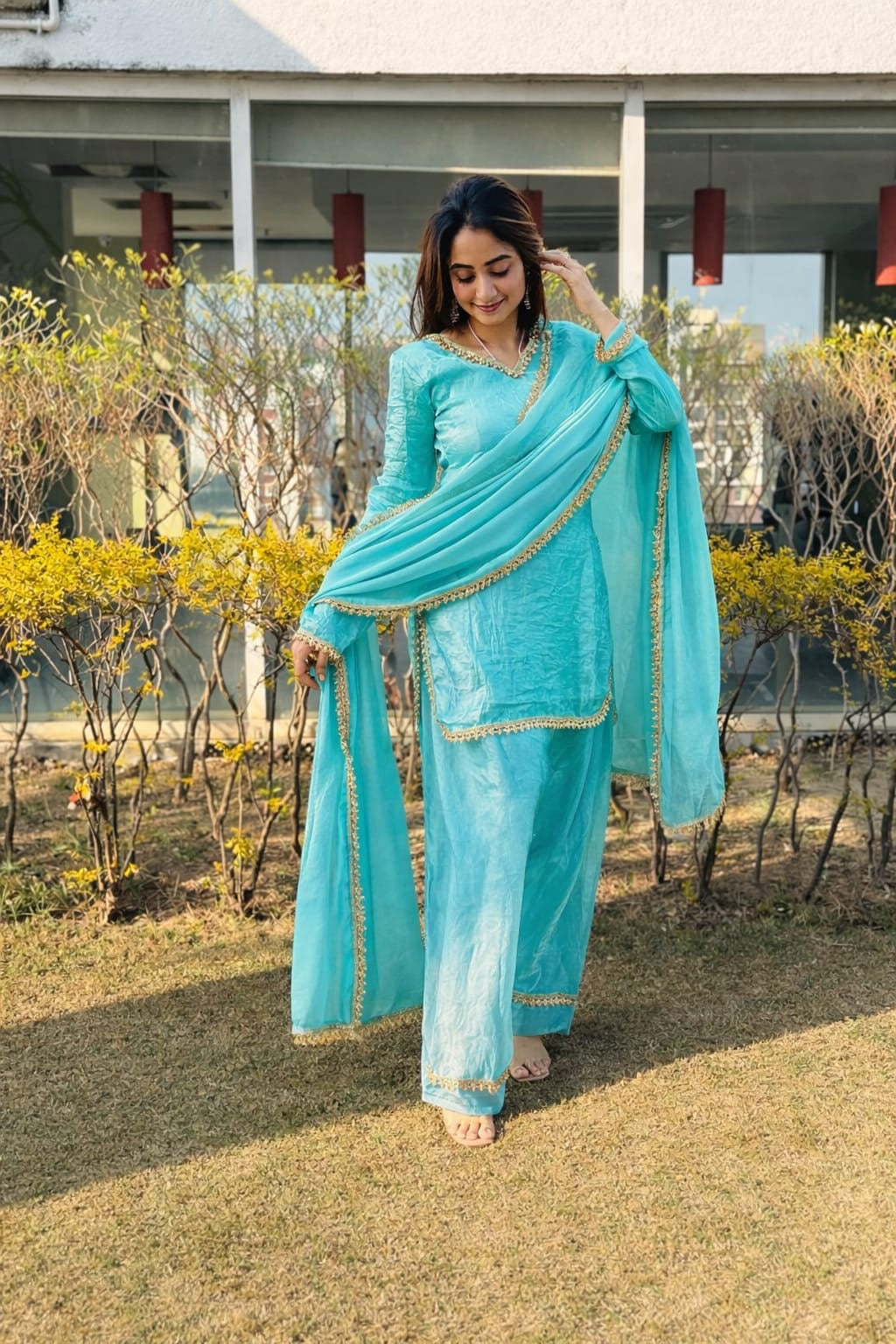 Fendi Satin Silk Designer Farsi Salwar Suit Set with Mirror Work Dupatta