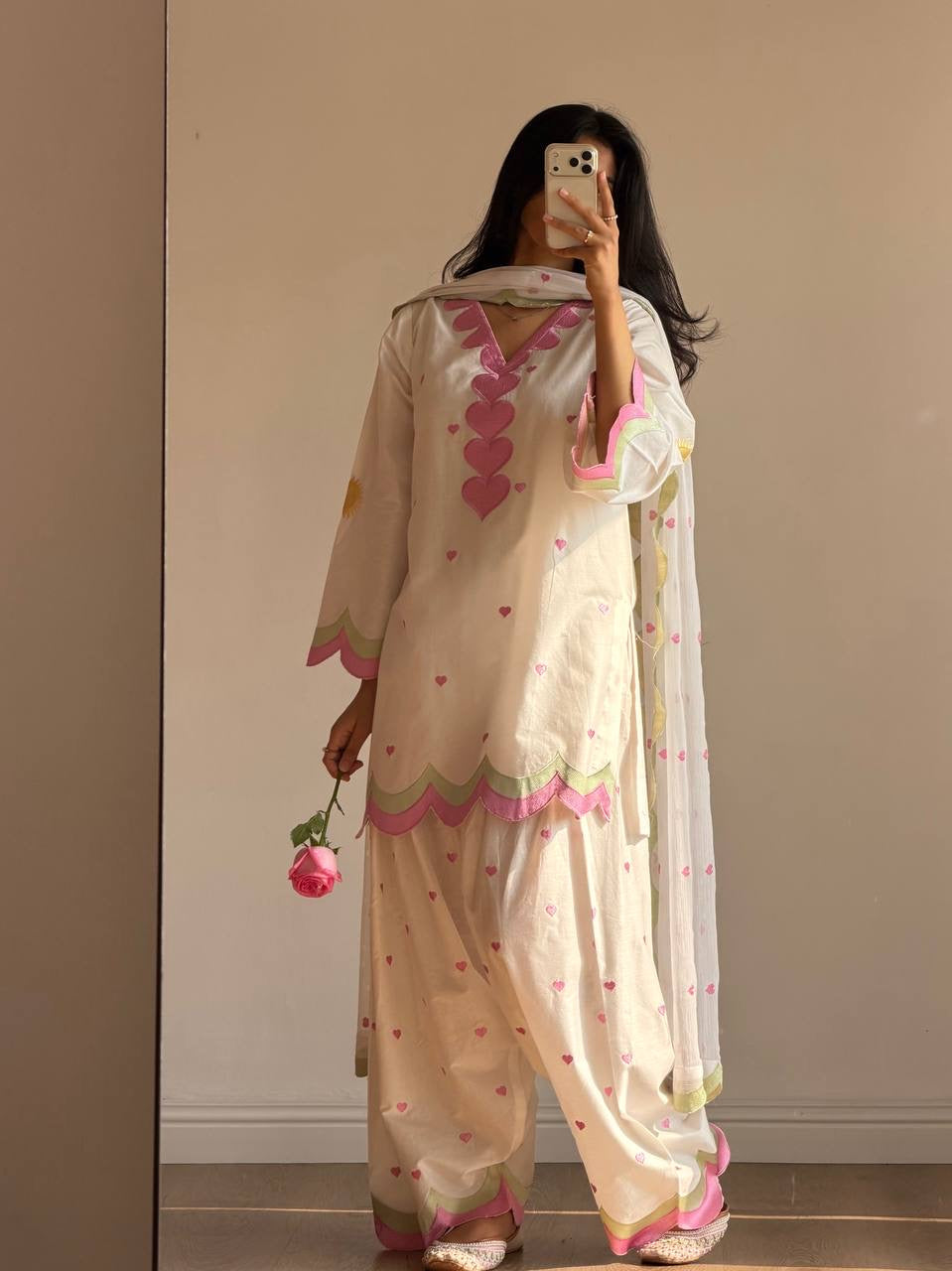 Ivory Pink Heart Embroidery thread Work Farshi Salwar Suit Set