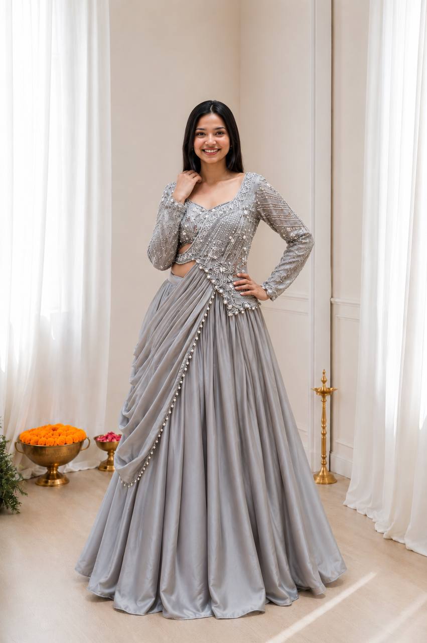 🌺 Premium Embroidered Rangoli Silk Lehenga Choli Set – Grey
