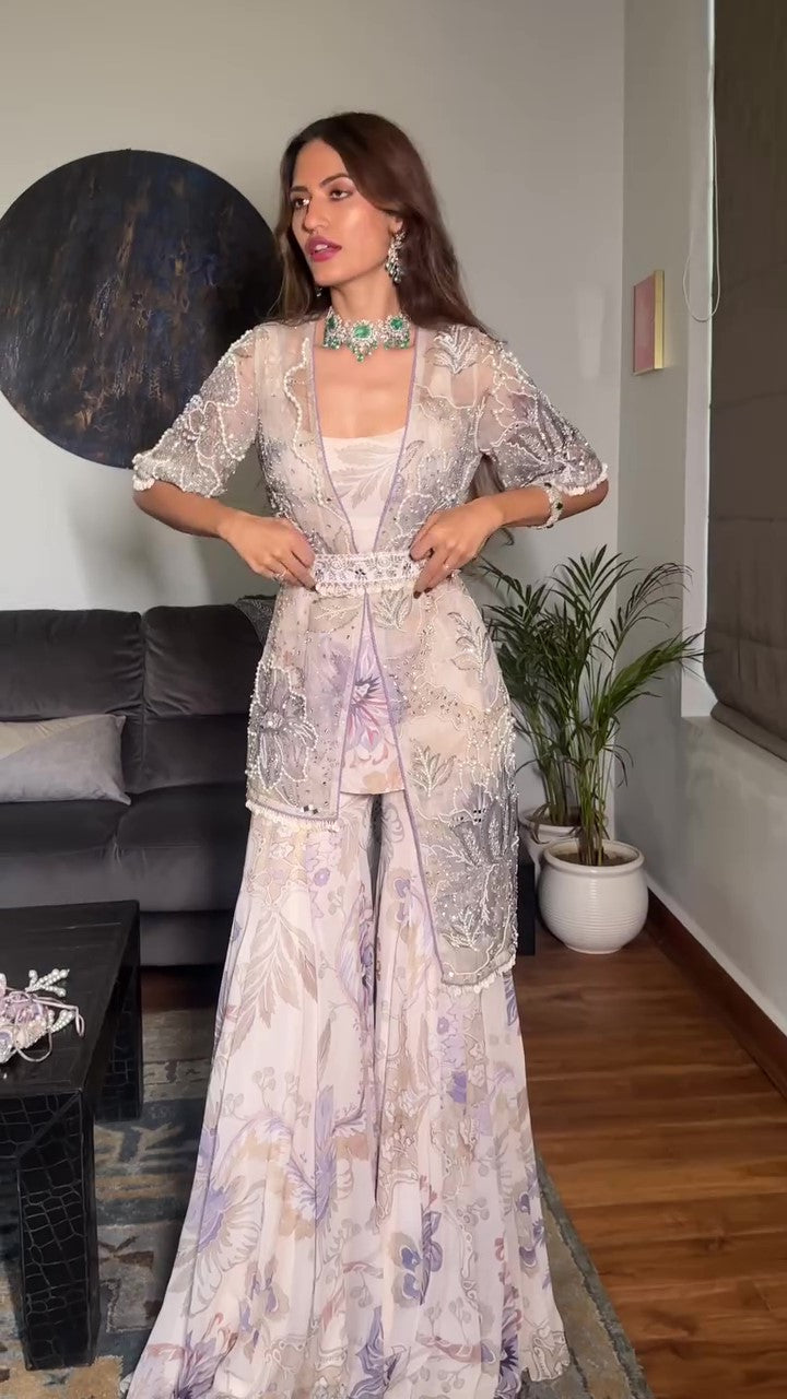 Mahnoor Embroidered Gharara Set Paired with High Low Jacket and Belt