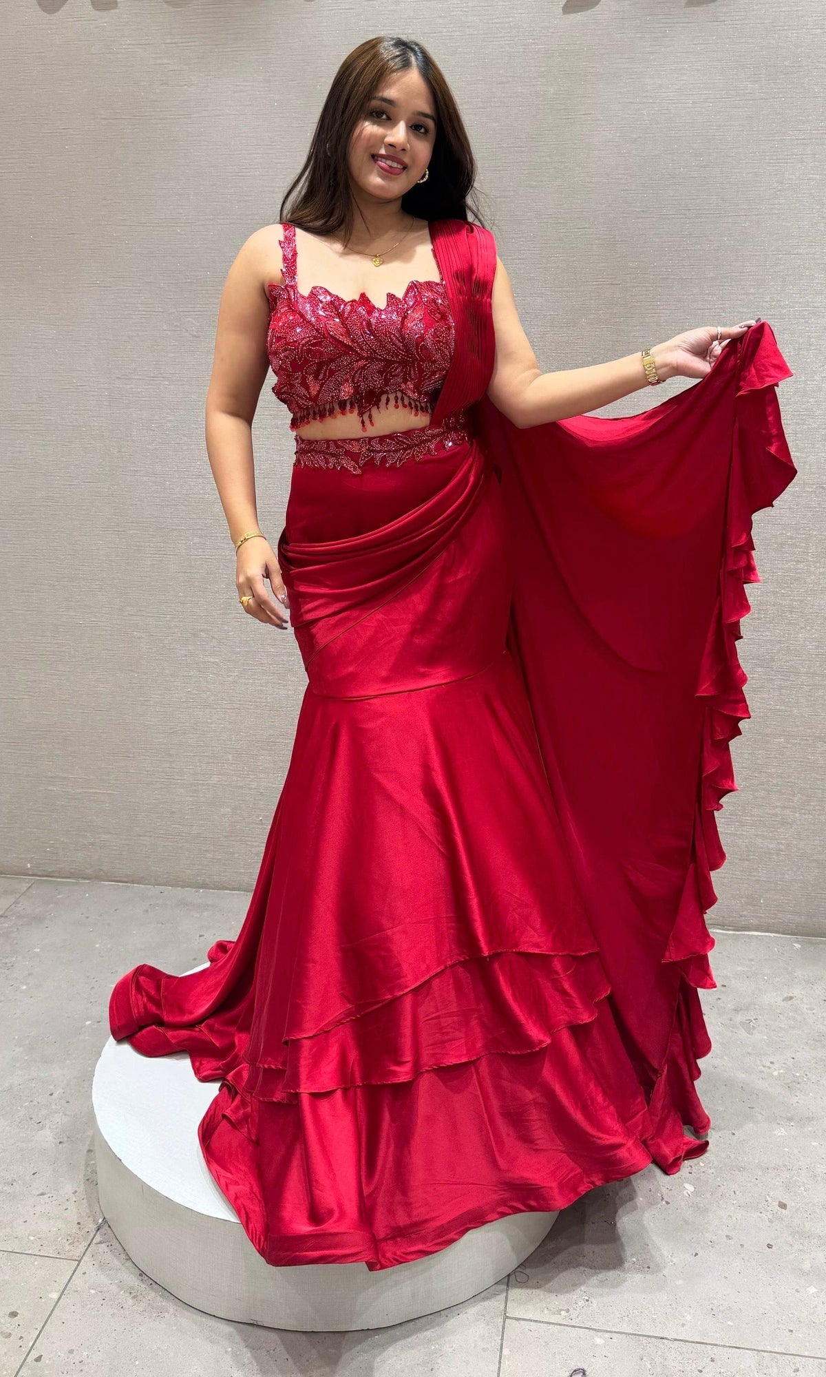 Embroidered Crop Top with Draped Layered Lehenga Set