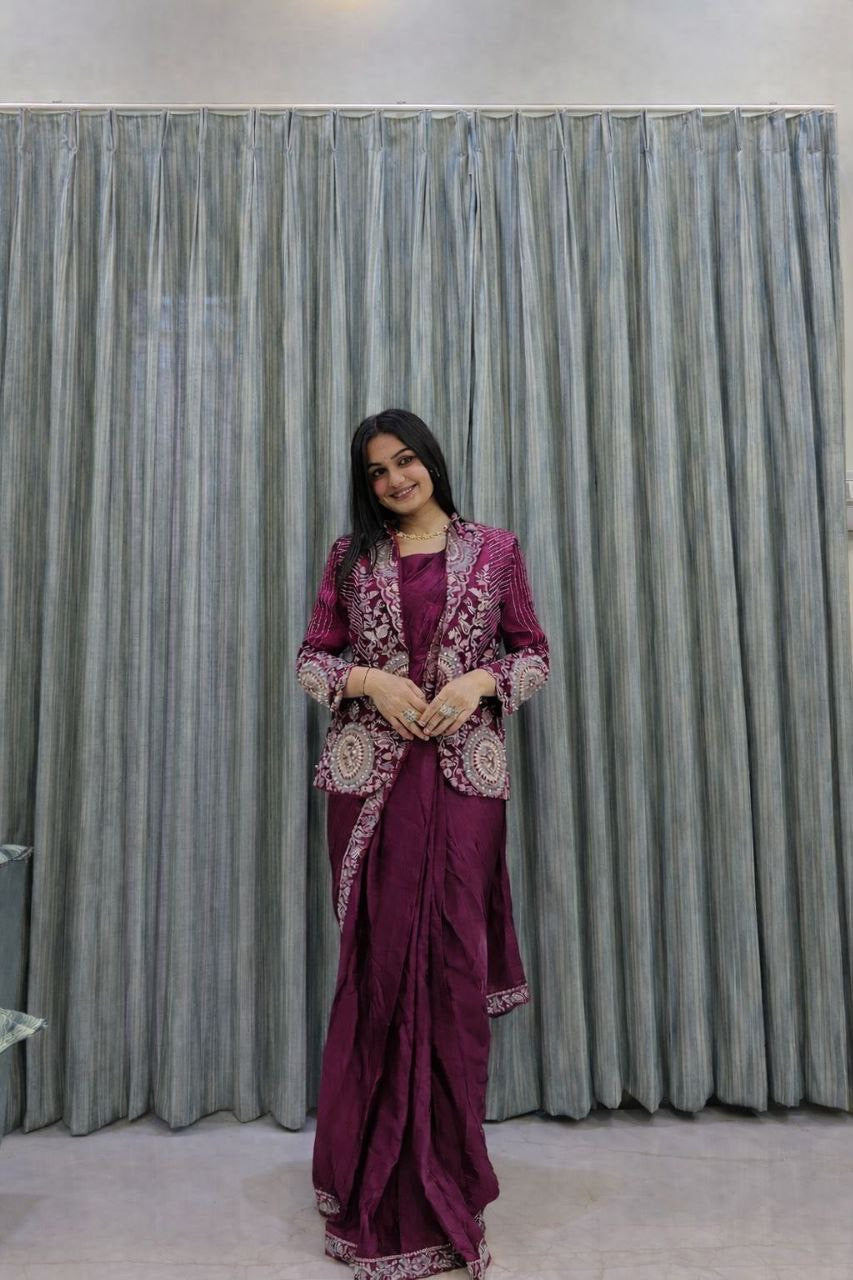 Embroidered Sequin Ready-to-Wear Saree with Full Koti