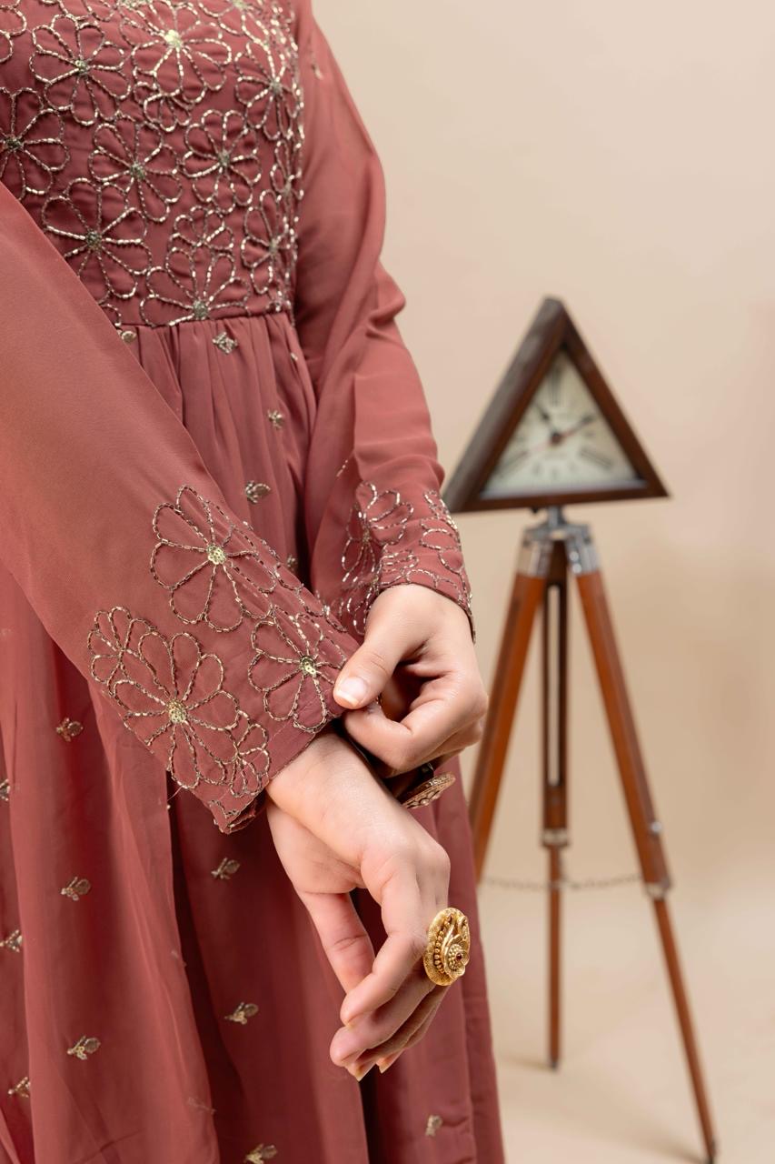 Brown Georgette Anarkali Gown with Intricate Embroidery